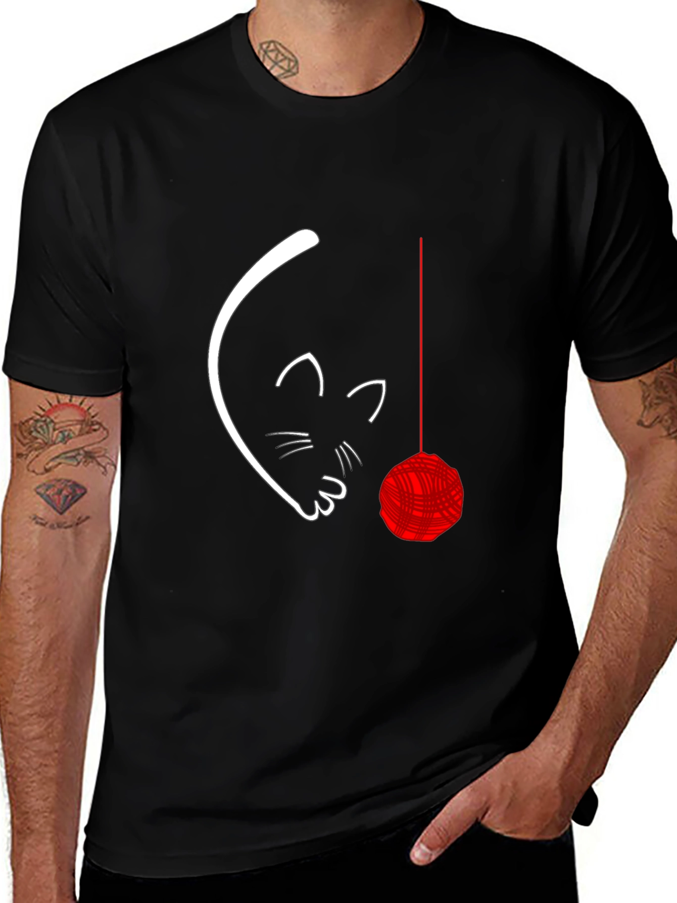 Cute Cat with Yarn Ball Graphic Tee - Black