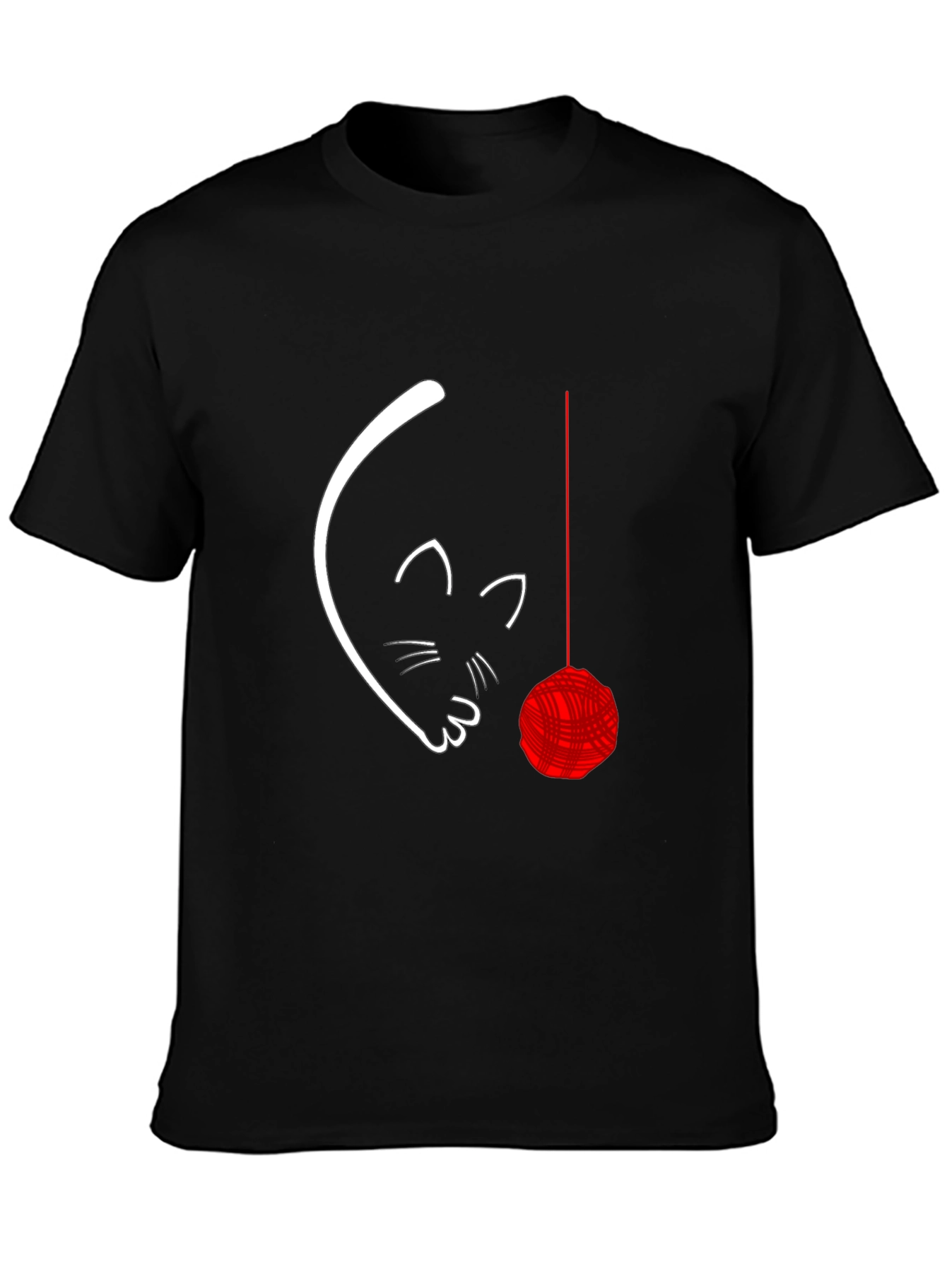 Cute Cat with Yarn Ball Graphic Tee - Black