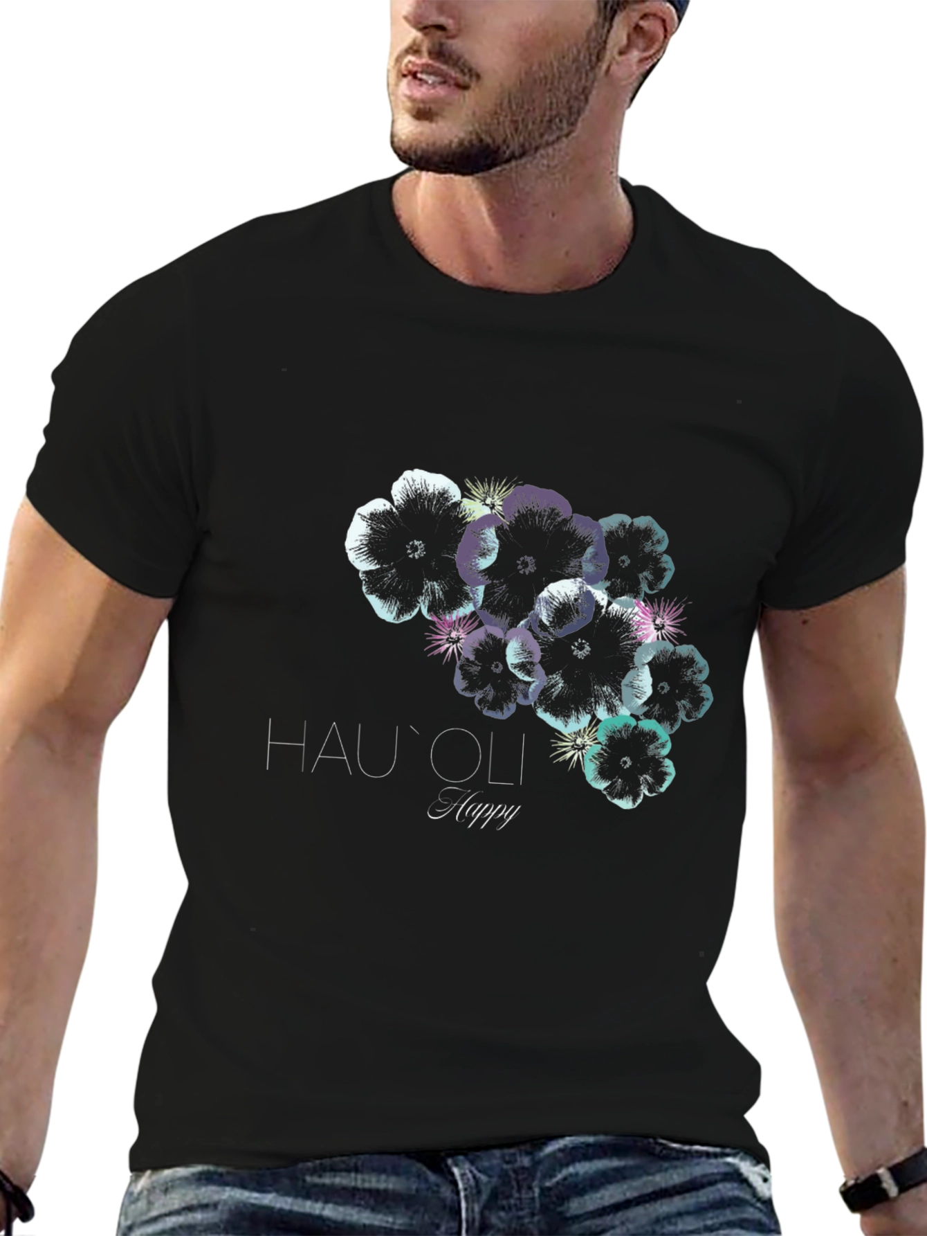Hauoli Happy Floral Print Black T-Shirt