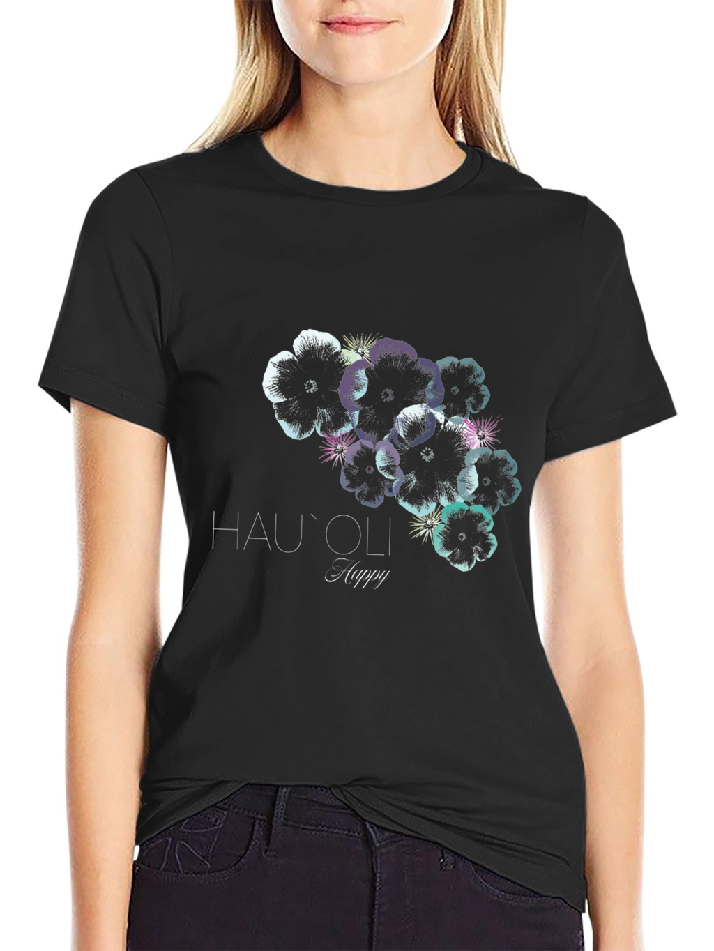 Hauoli Happy Floral Print Black T-Shirt
