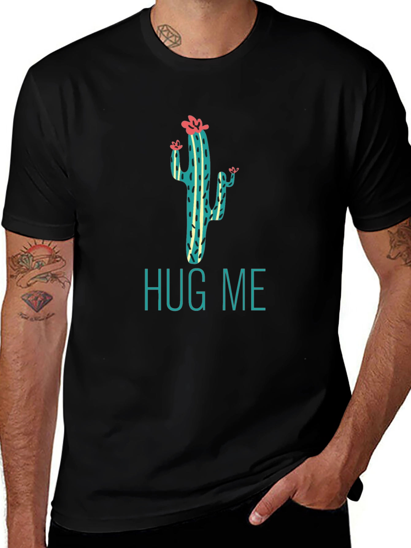 Hug Me Cactus Graphic Tee - Soft Black Cotton T-Shirt