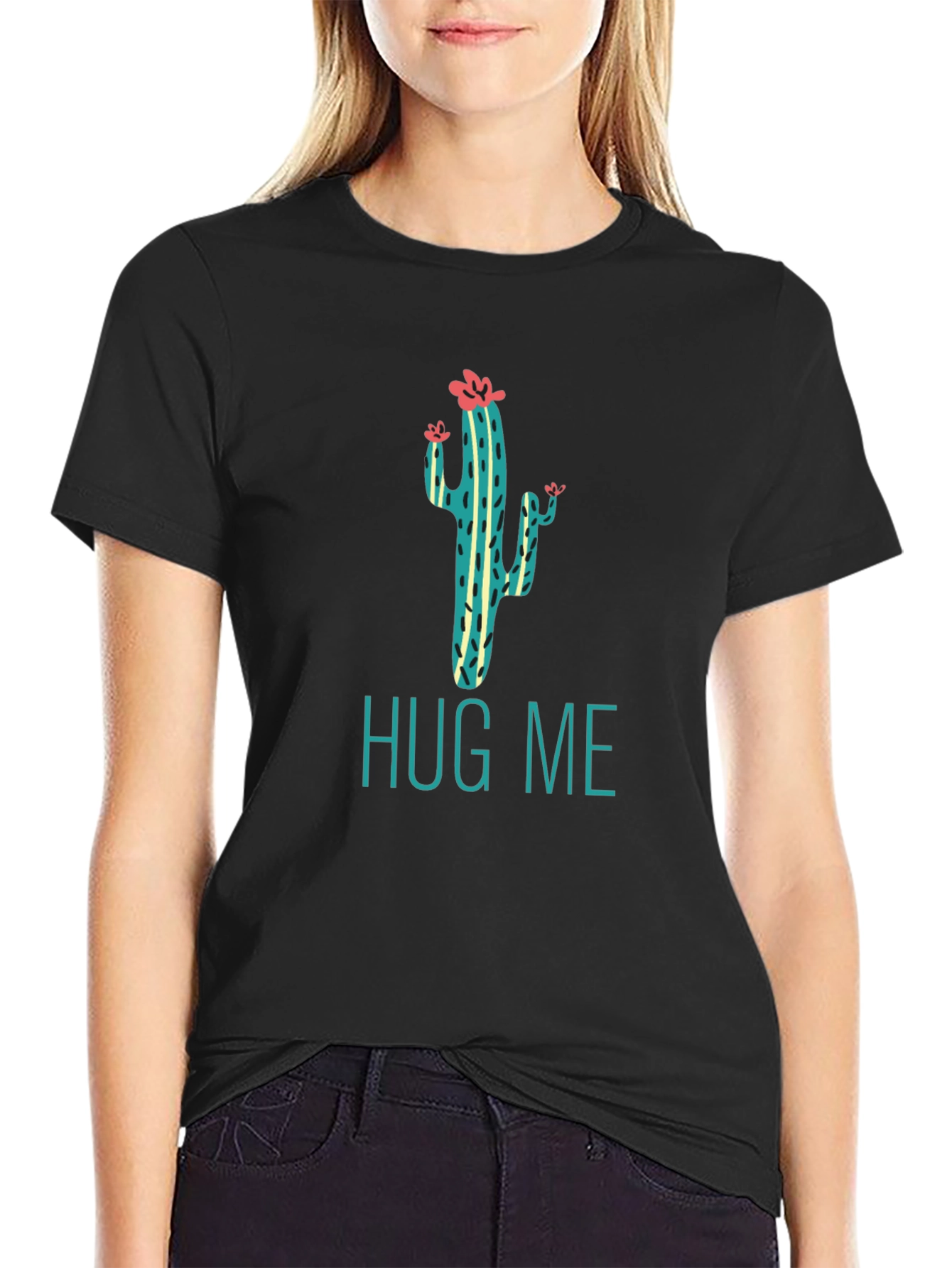 Hug Me Cactus Graphic Tee - Soft Black Cotton T-Shirt