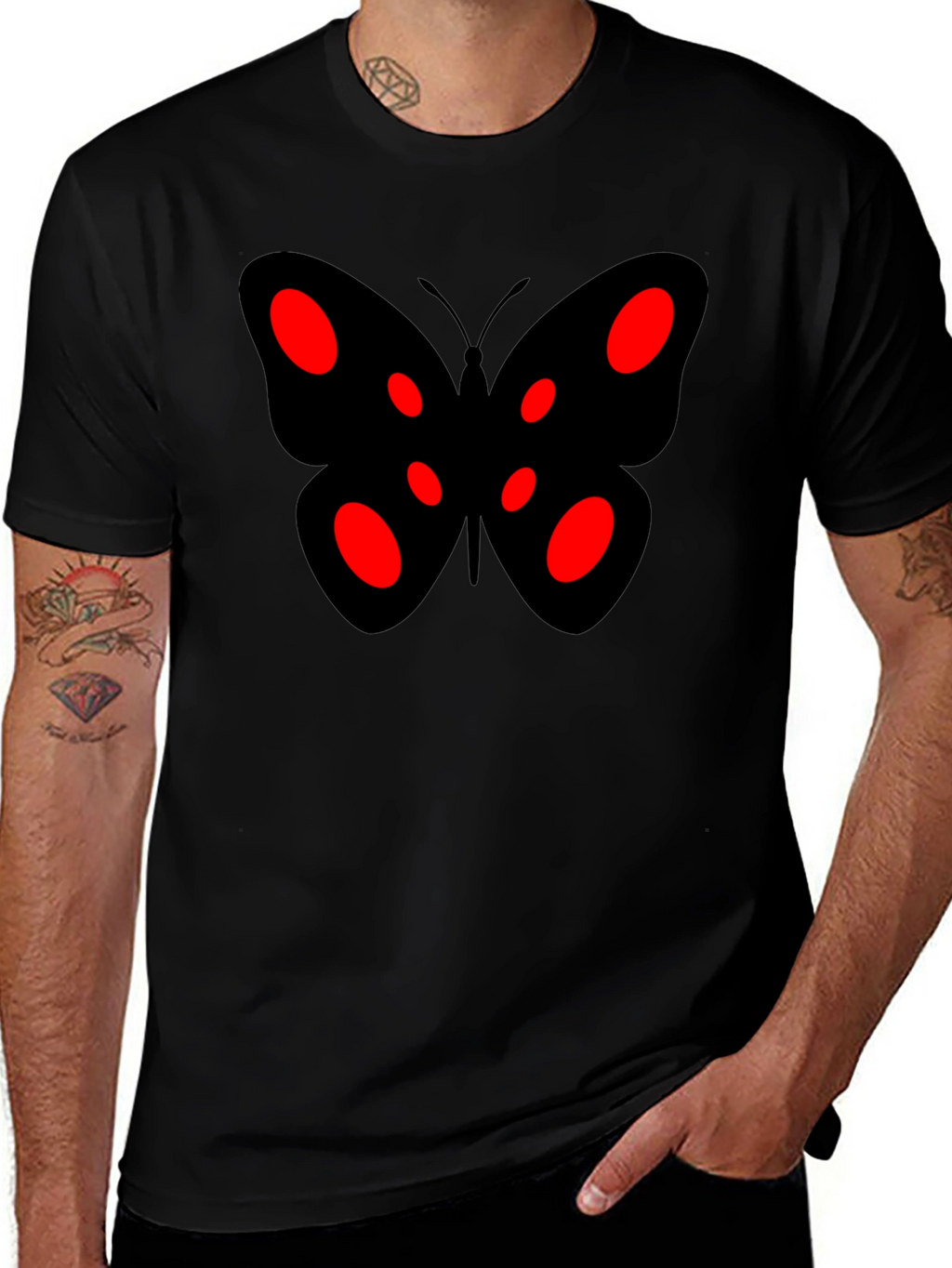 Black Butterfly Graphic Tee - Red Accents