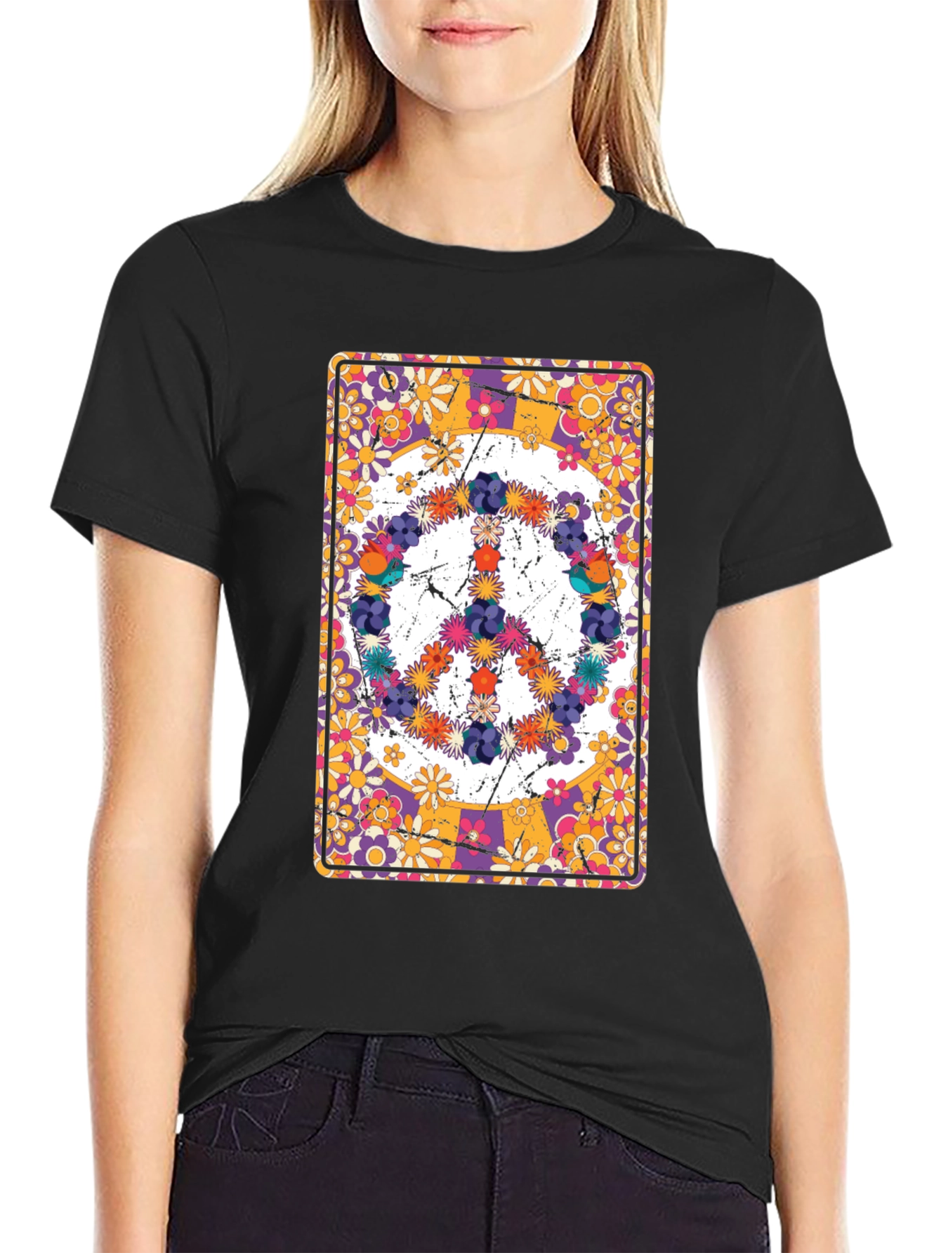 Floral Peace Sign T-Shirt - Retro Hippie Style