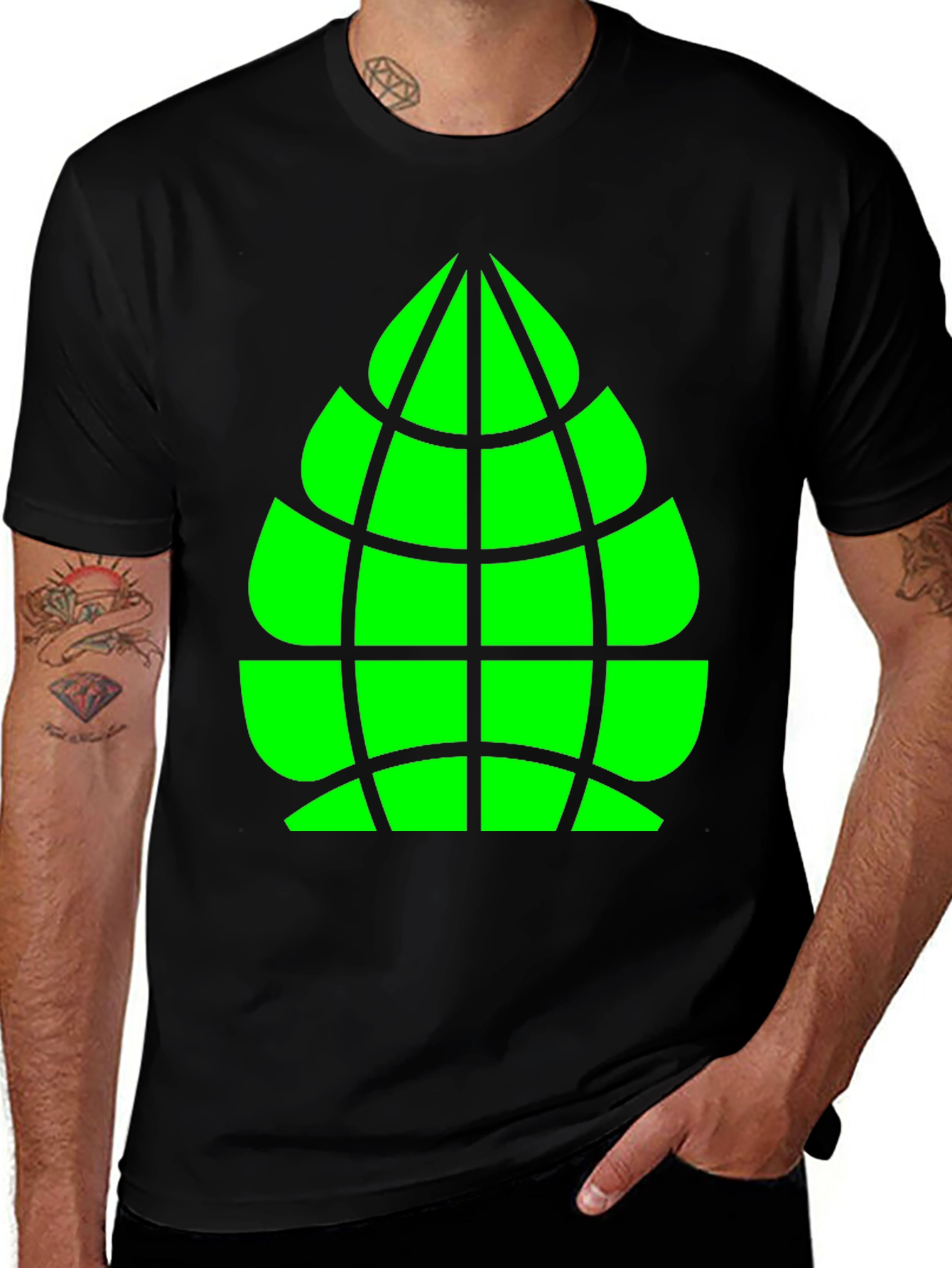 Geometric Green Globe Graphic Tee - Casual Black Shirt