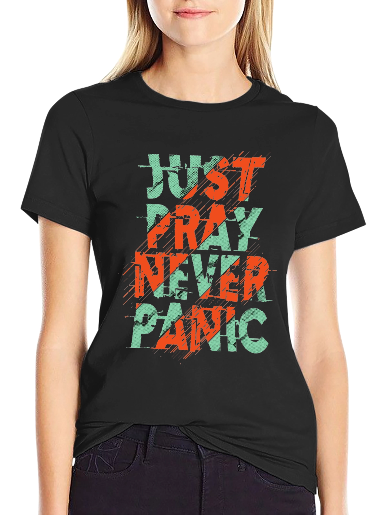Just Pray Never Panic Graphic Tee - Black