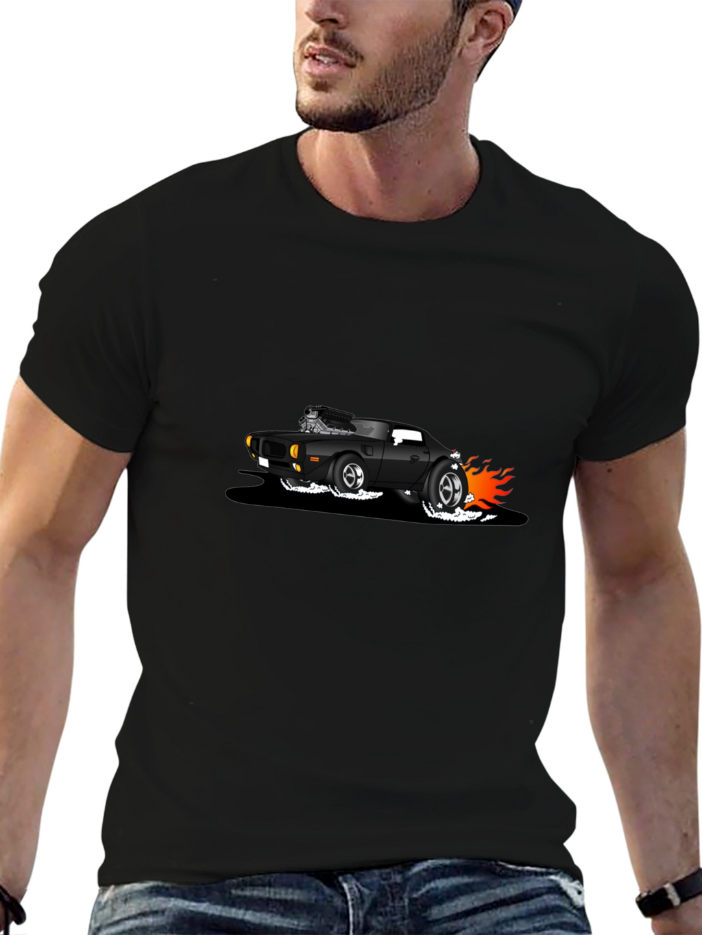 Black T-Shirt with Cartoon Hot Rod Design