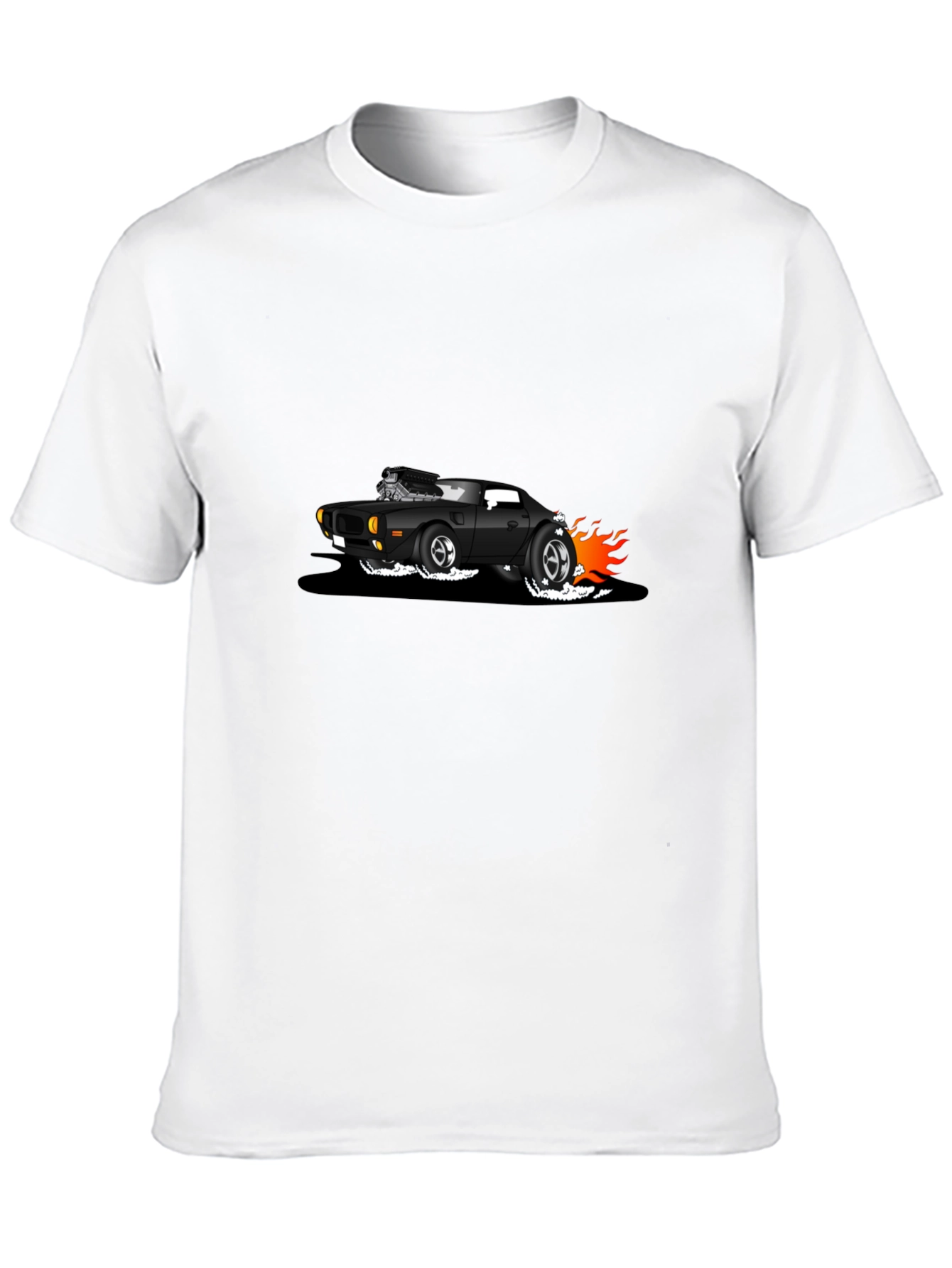 Black T-Shirt with Cartoon Hot Rod Design