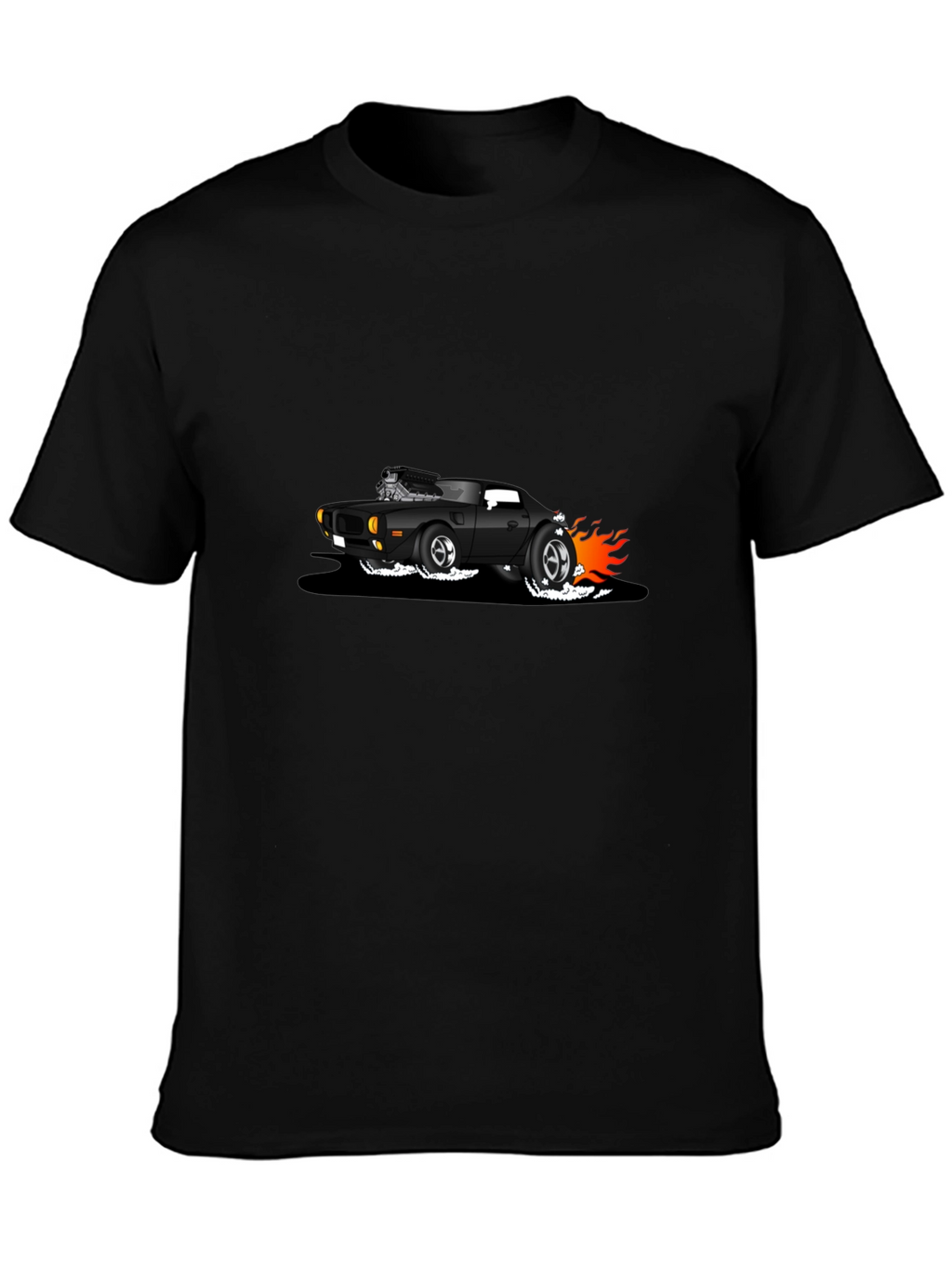 Black T-Shirt with Cartoon Hot Rod Design