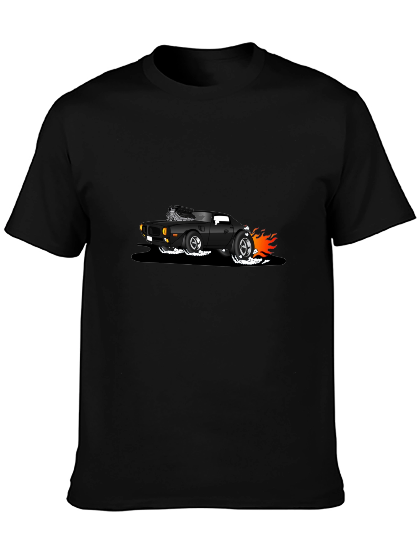Black T-Shirt with Cartoon Hot Rod Design