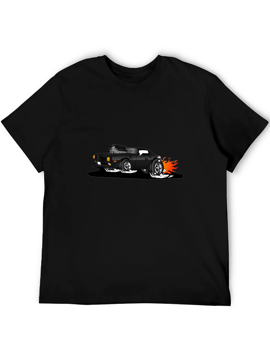 Black T-Shirt with Cartoon Hot Rod Design