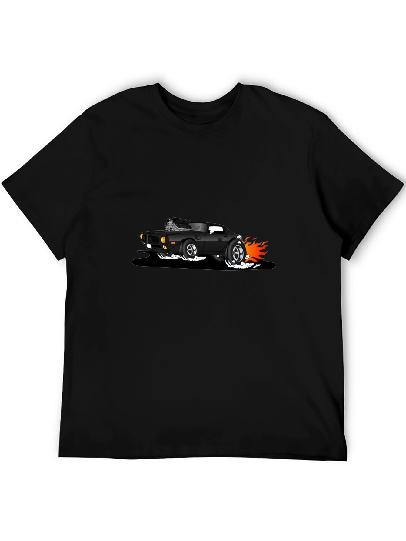 Black T-Shirt with Cartoon Hot Rod Design