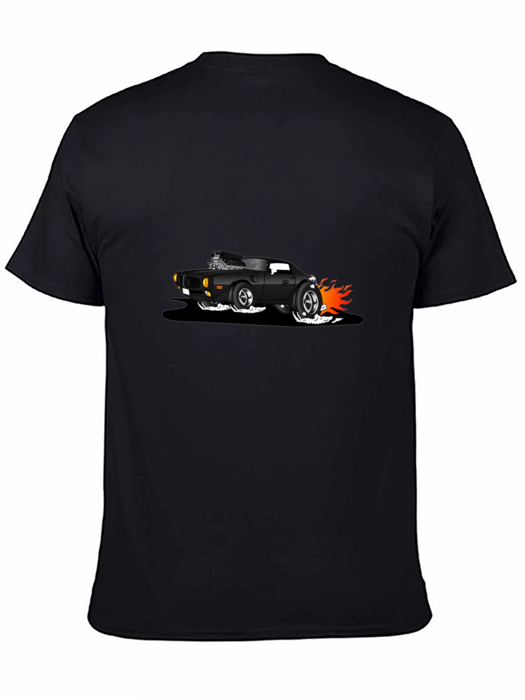 Black T-Shirt with Cartoon Hot Rod Design