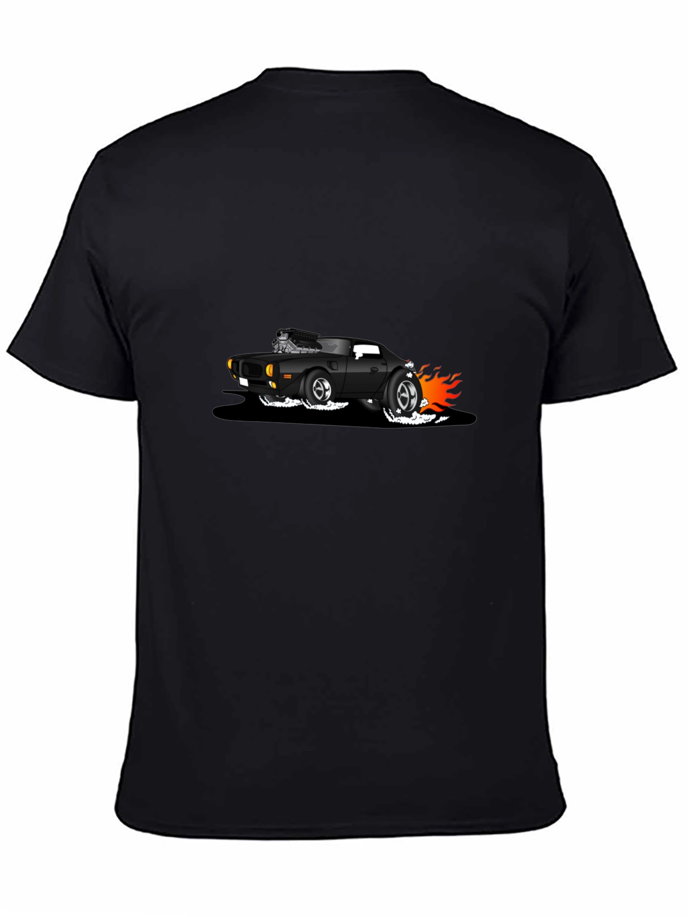 Black T-Shirt with Cartoon Hot Rod Design