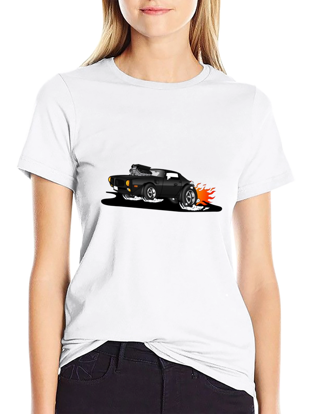 Black T-Shirt with Cartoon Hot Rod Design