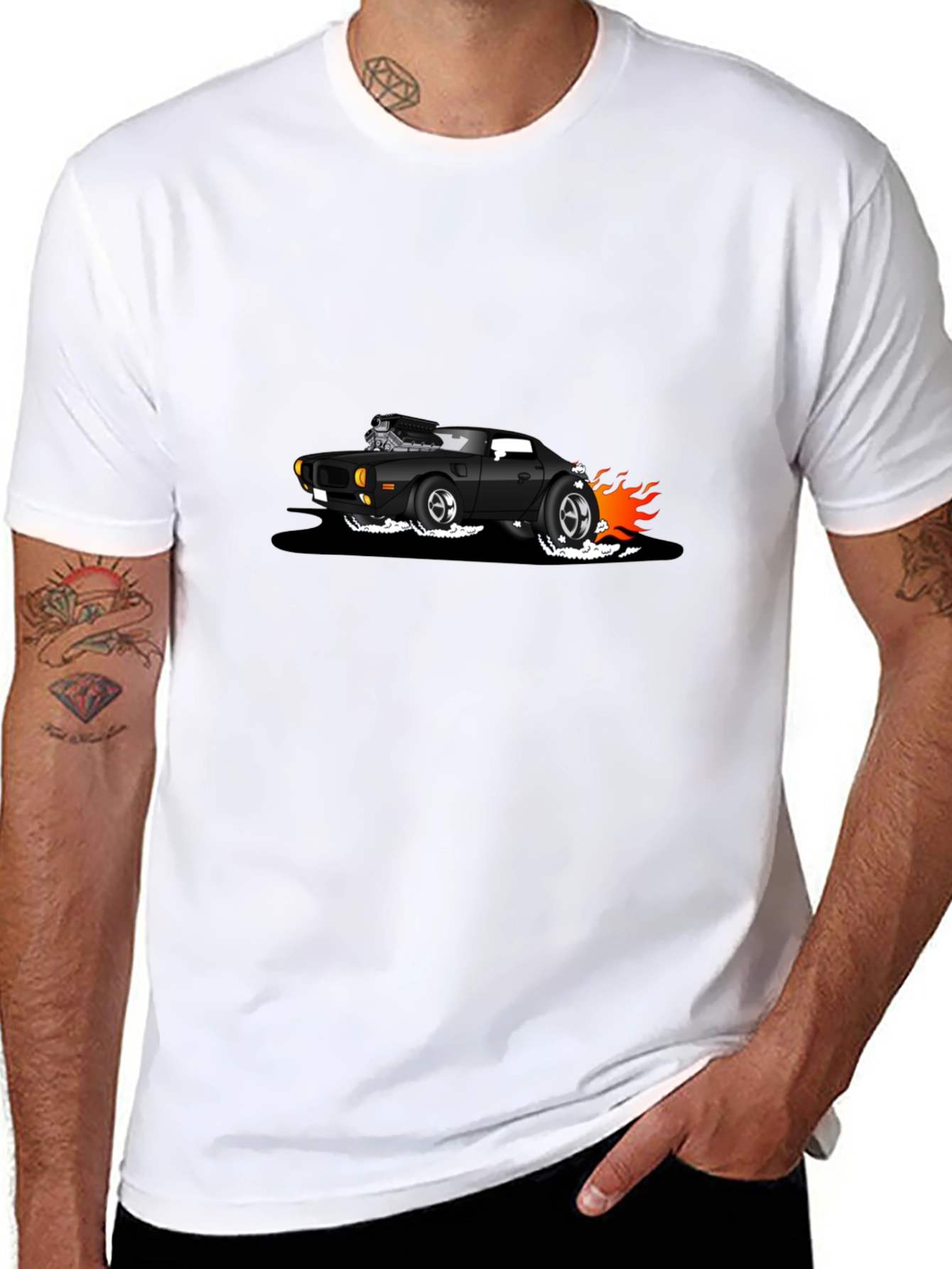 Black T-Shirt with Cartoon Hot Rod Design