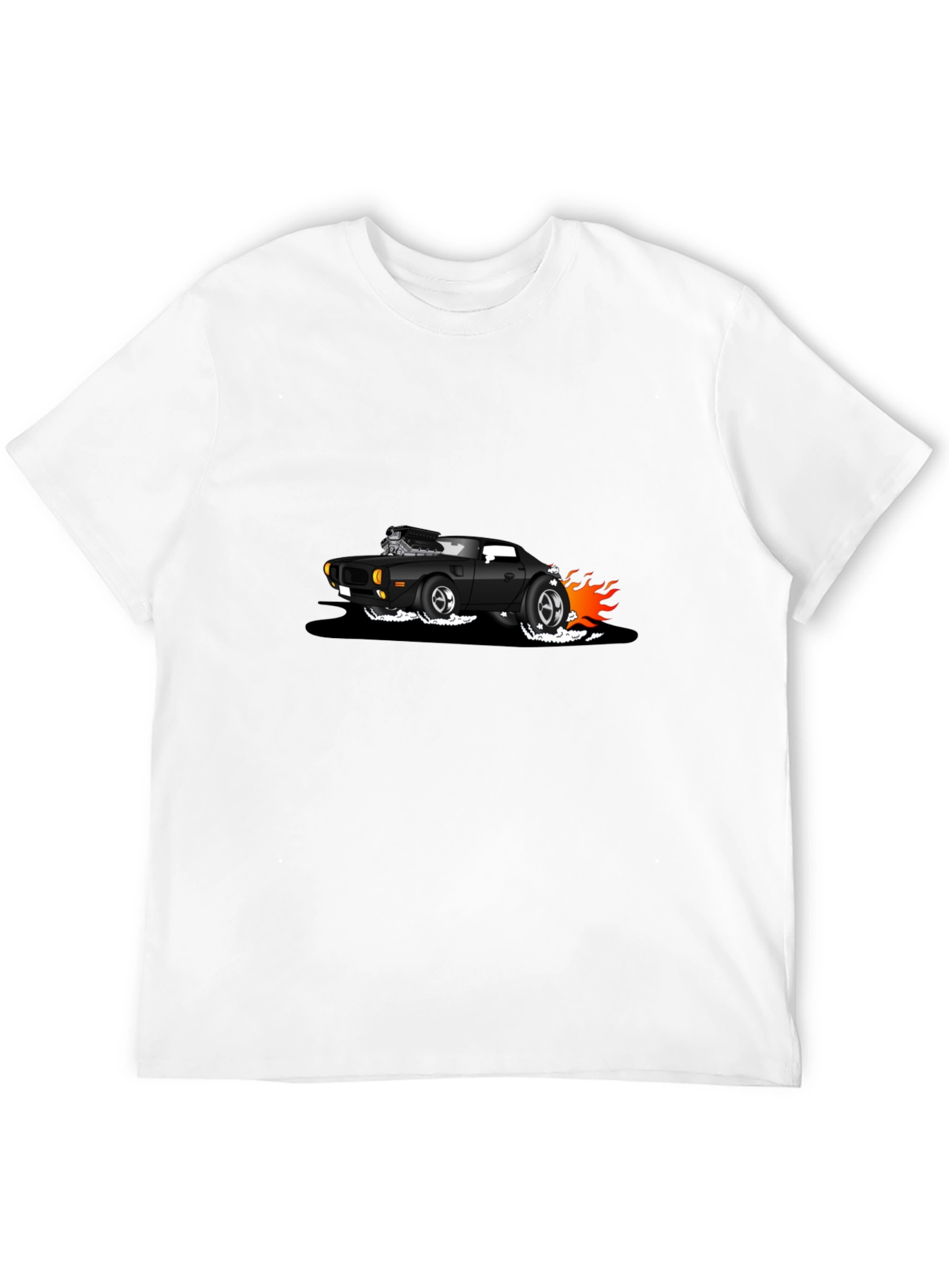 Black T-Shirt with Cartoon Hot Rod Design