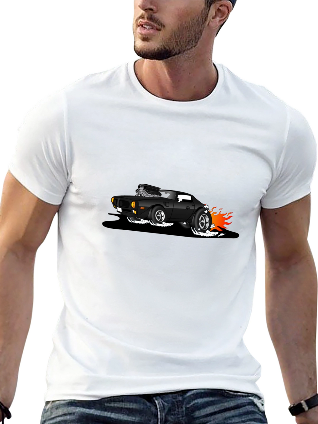 Black T-Shirt with Cartoon Hot Rod Design