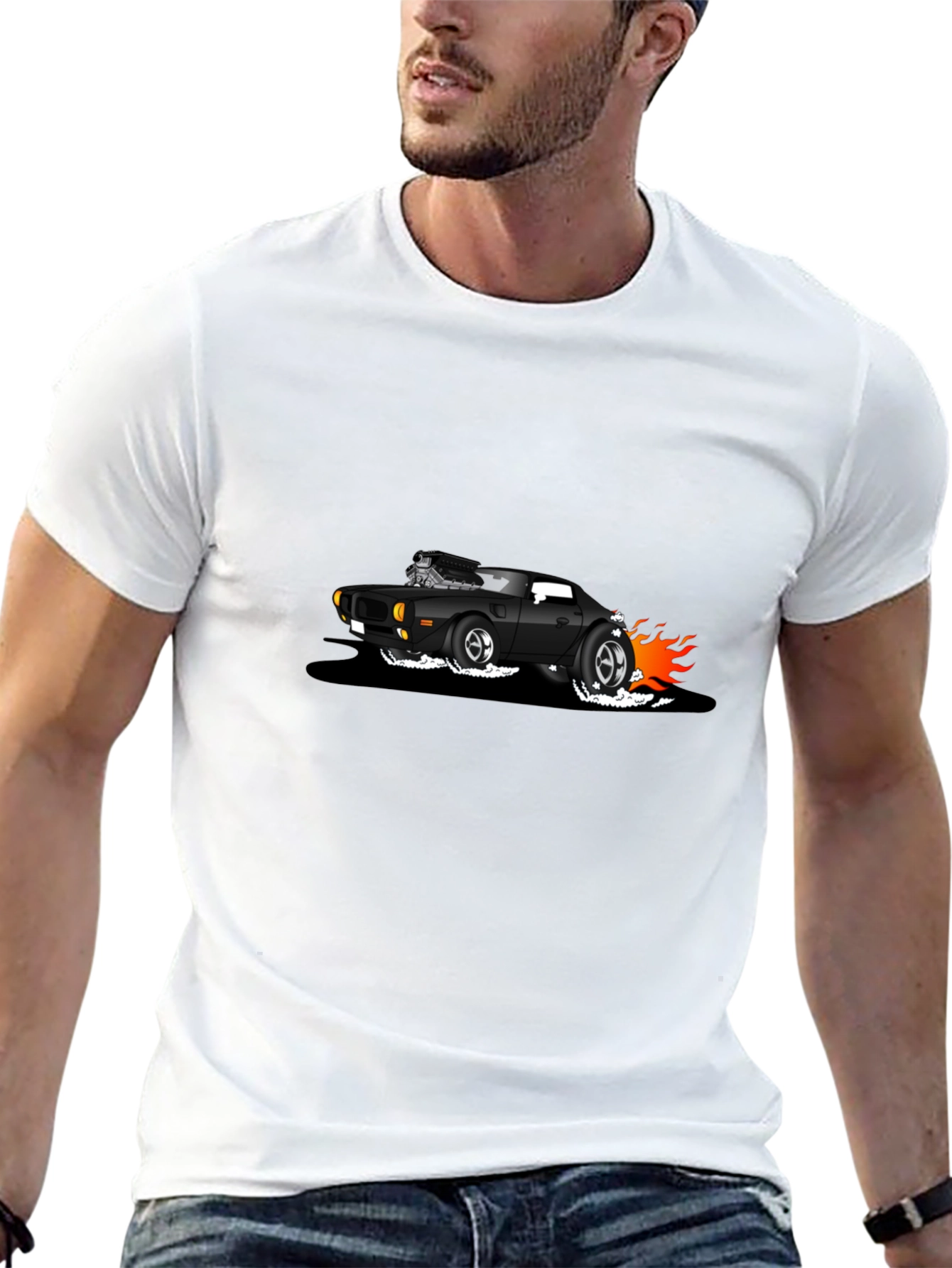Black T-Shirt with Cartoon Hot Rod Design