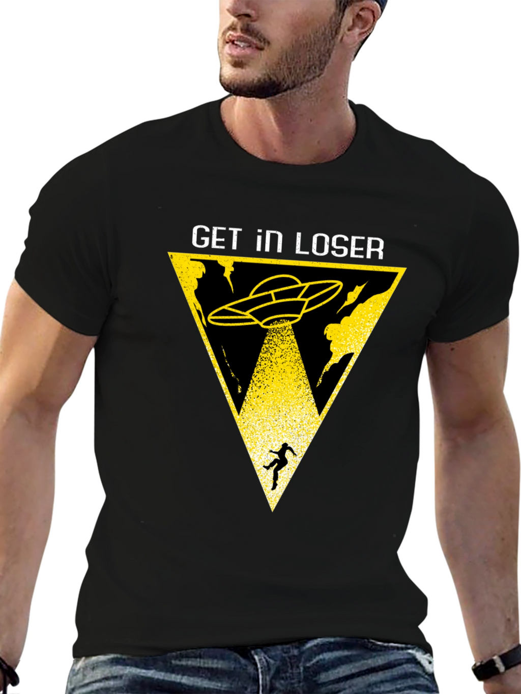 Get In Loser Alien Abduction Black T-Shirt
