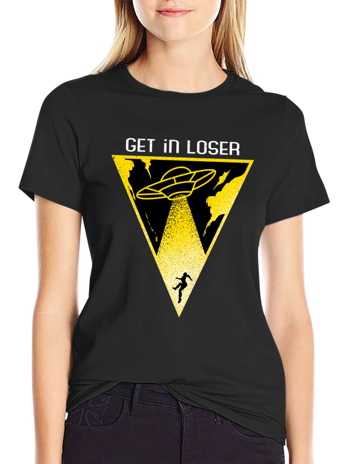 Get In Loser Alien Abduction Black T-Shirt