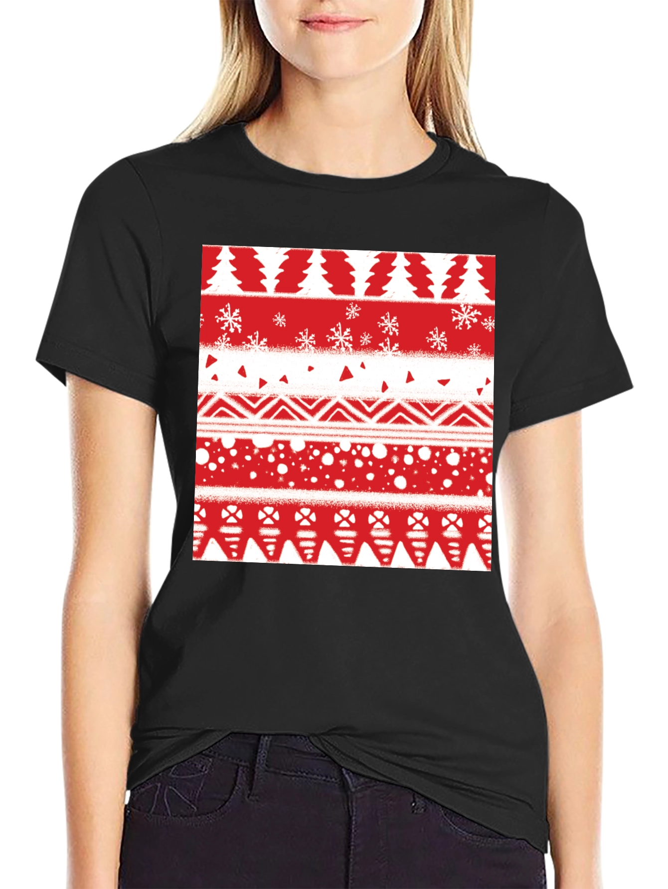 Festive Holiday Pattern Tee - Red & White Print