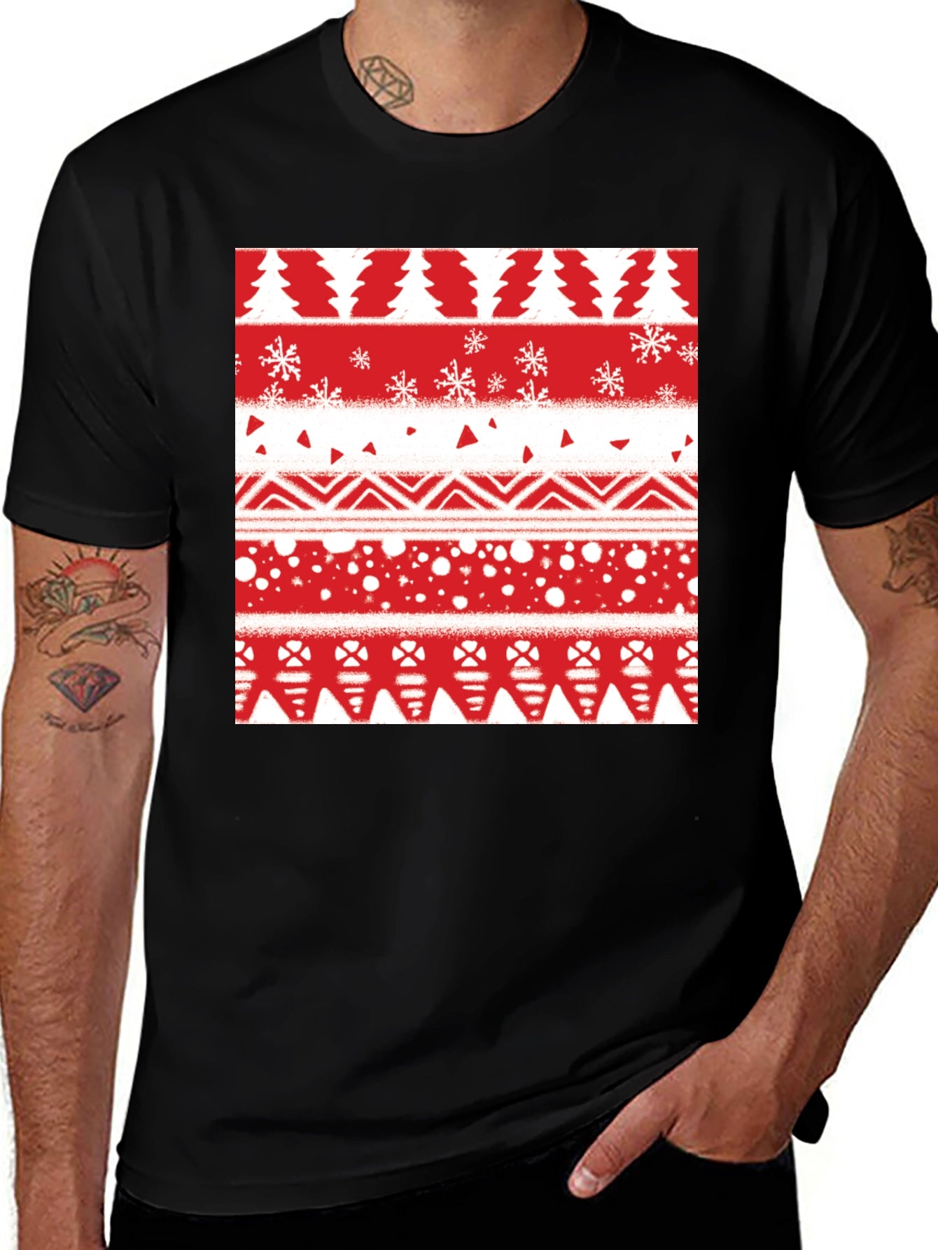 Festive Holiday Pattern Tee - Red & White Print