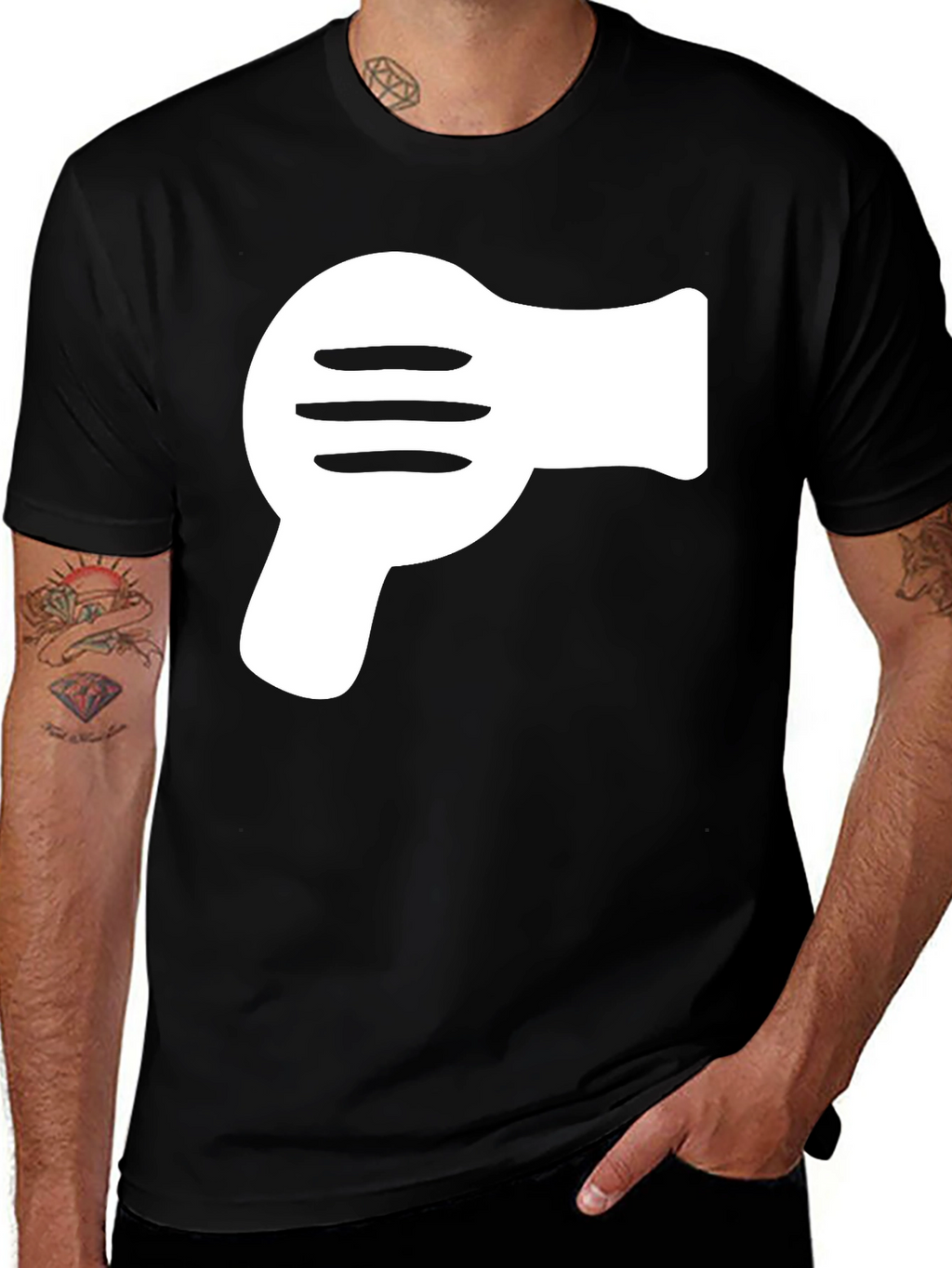 Black T-Shirt with White Hair Dryer Graphic