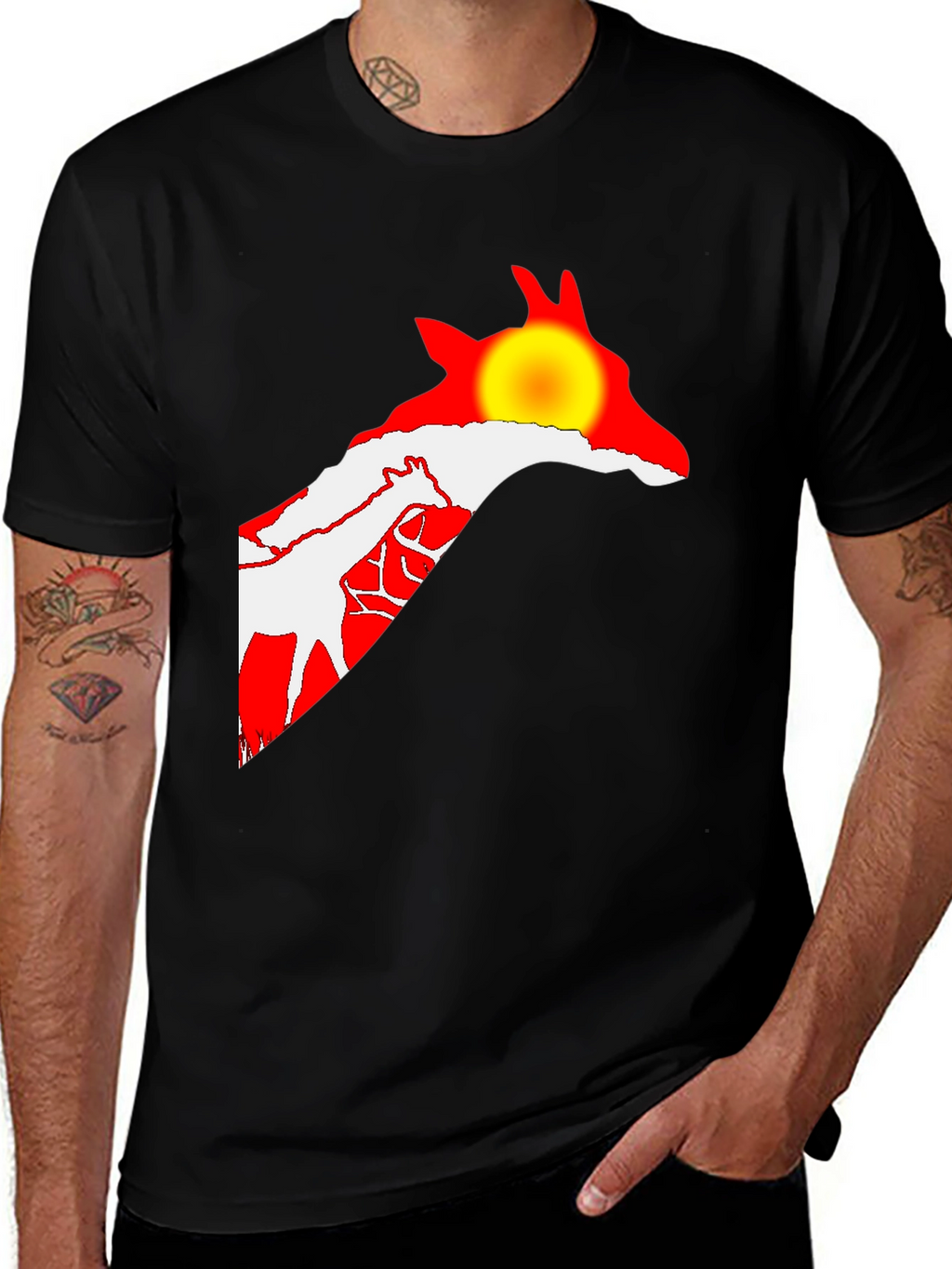 Giraffe Sunset Black T-Shirt