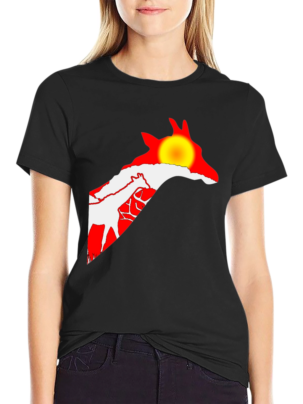Giraffe Sunset Black T-Shirt