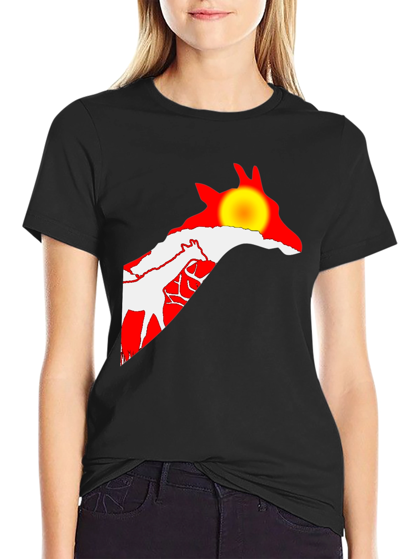 Giraffe Sunset Black T-Shirt