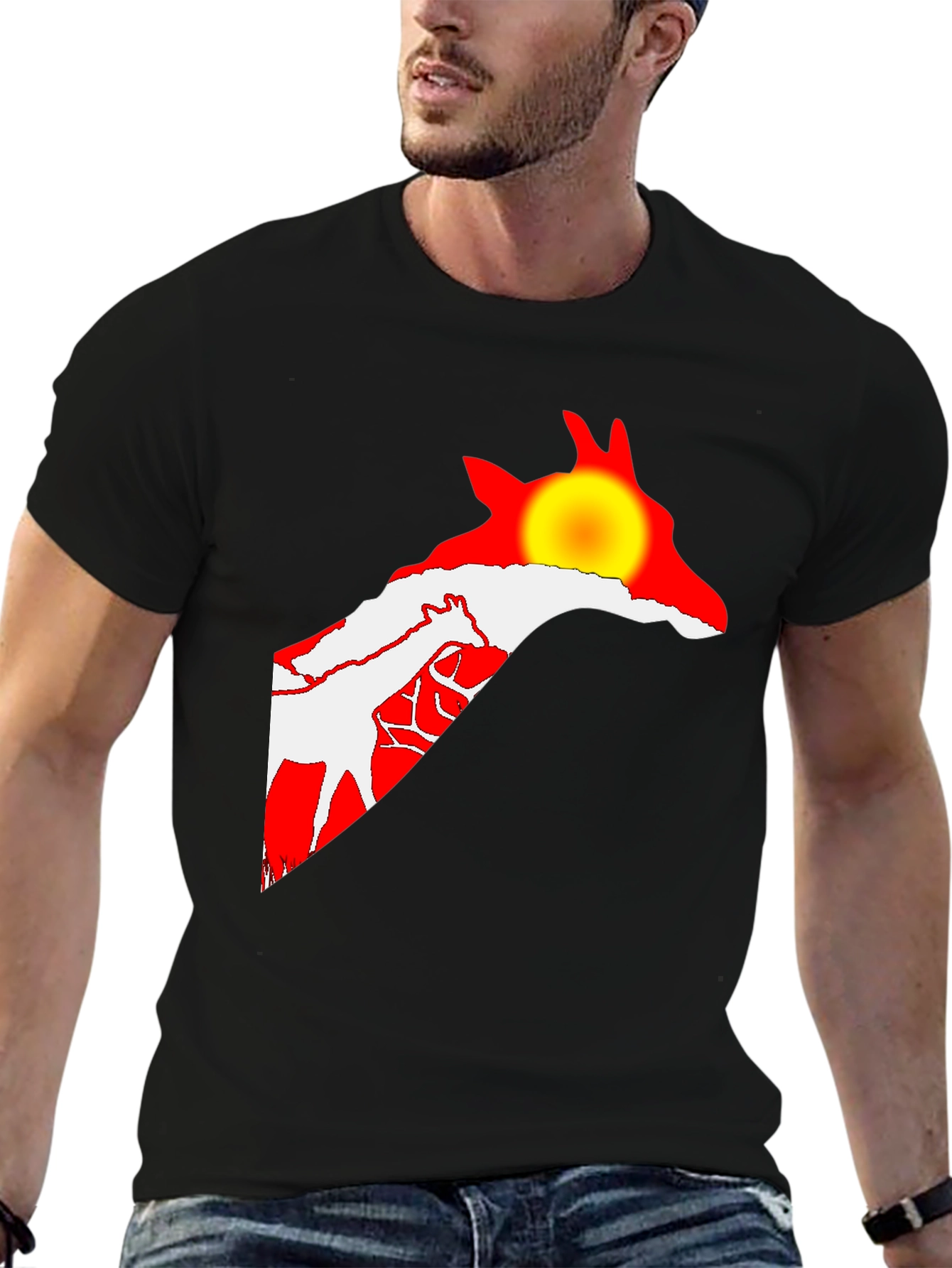 Giraffe Sunset Black T-Shirt