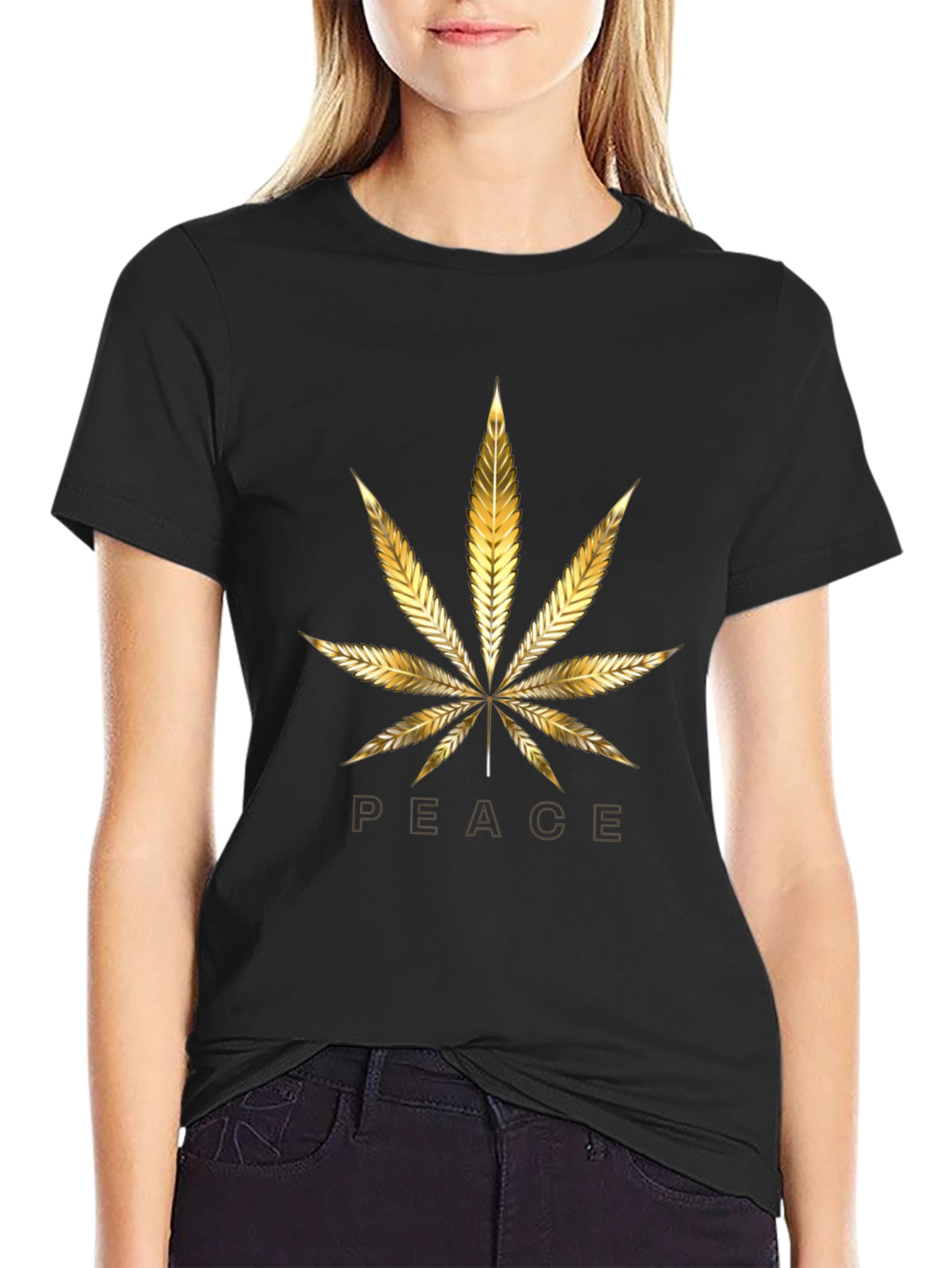 Golden Peace Leaf Graphic Tee - Stylish Black T-Shirt