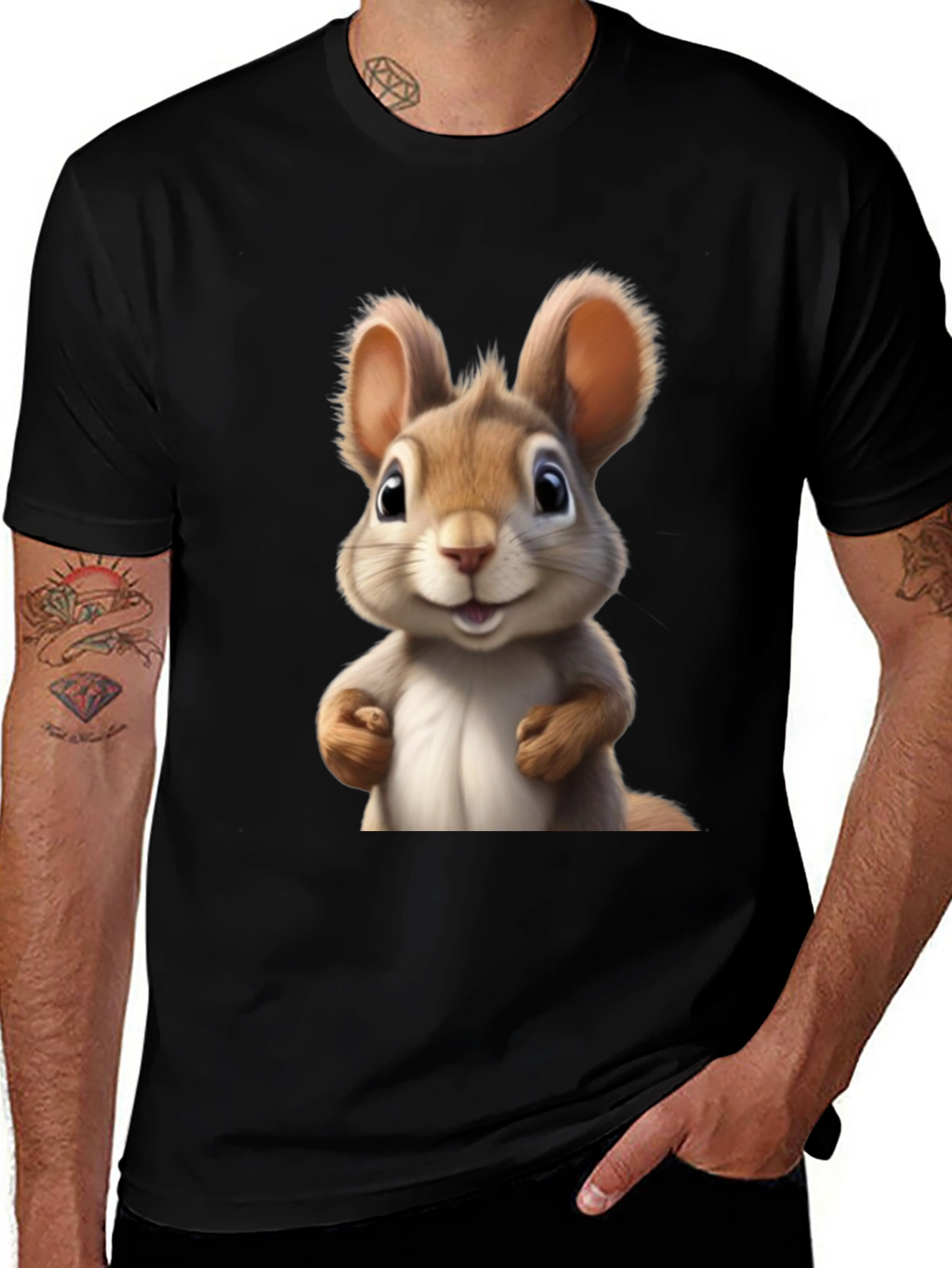 Cute Cartoon Squirrel Black T-Shirt