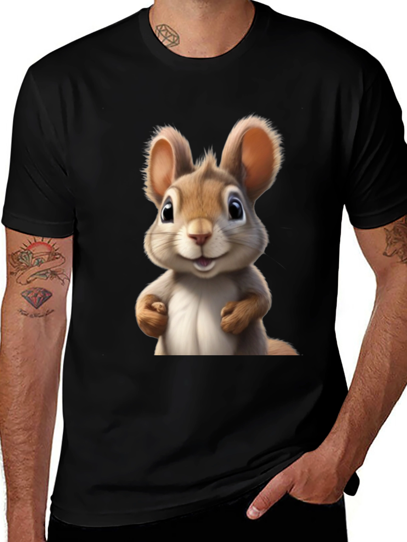 Cute Cartoon Squirrel Black T-Shirt