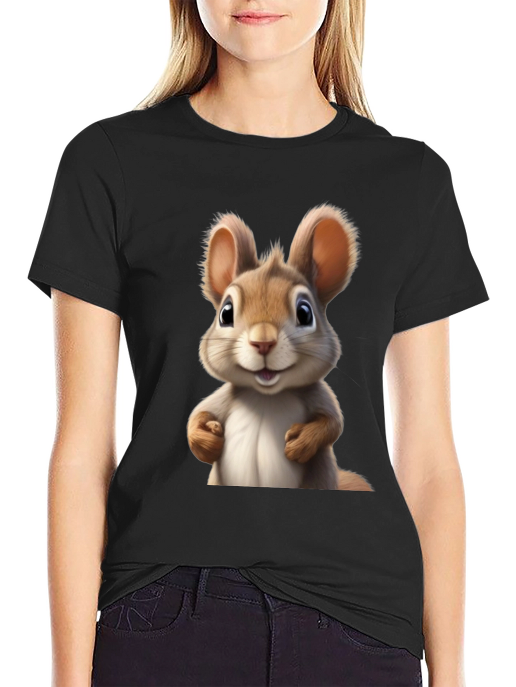 Cute Cartoon Squirrel Black T-Shirt