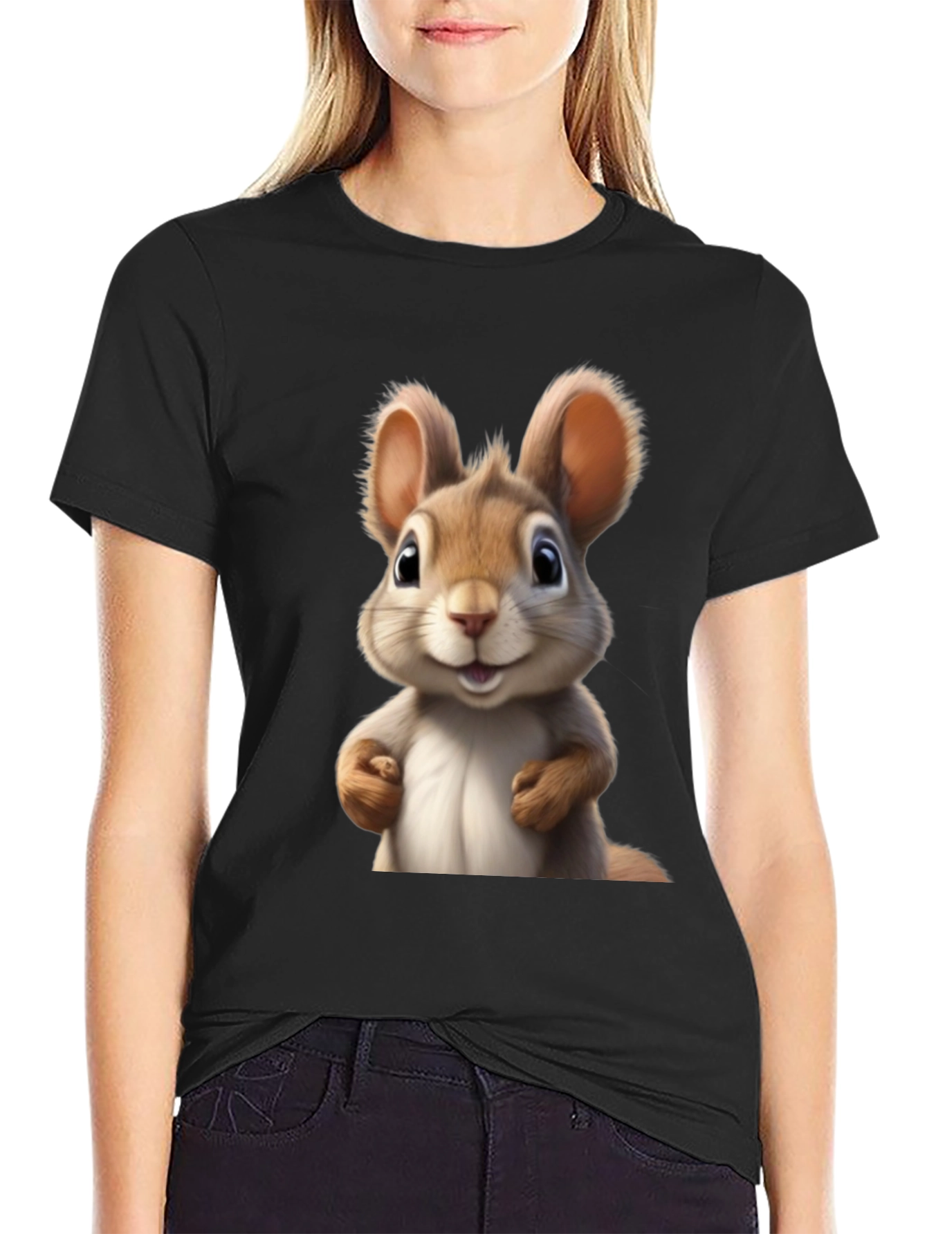 Cute Cartoon Squirrel Black T-Shirt