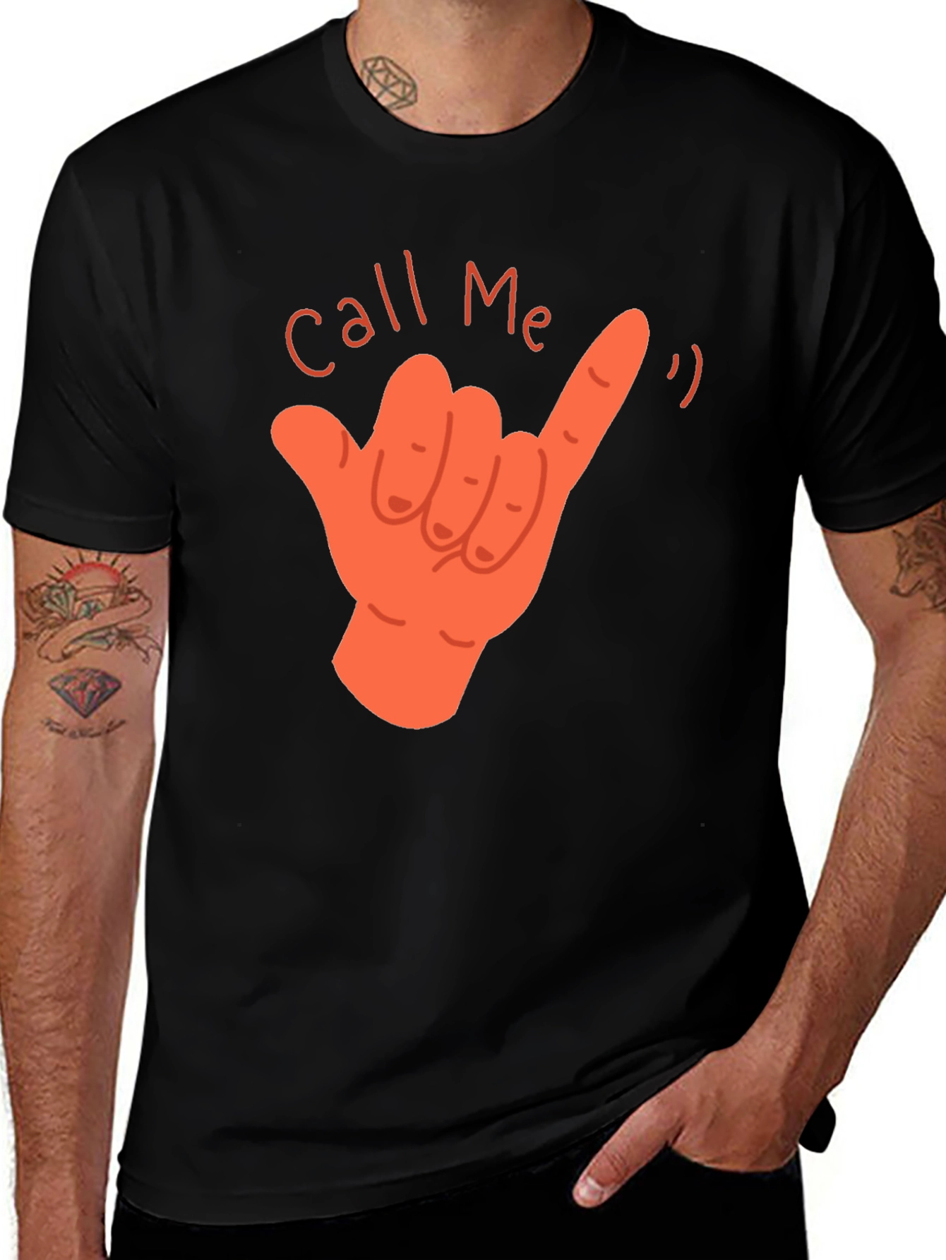 Call Me Hand Gesture Graphic T-Shirt - Black