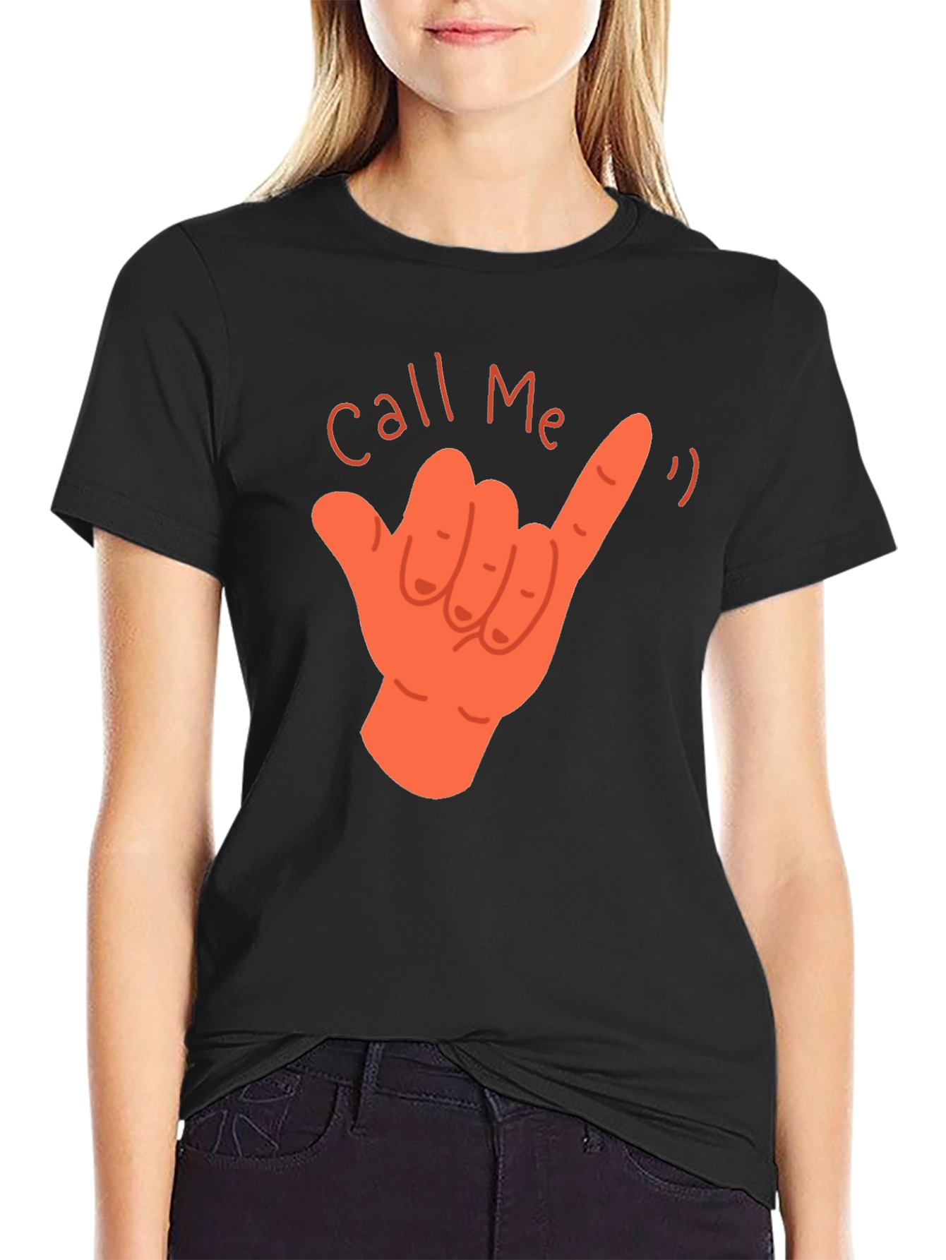 Call Me Hand Gesture Graphic T-Shirt - Black