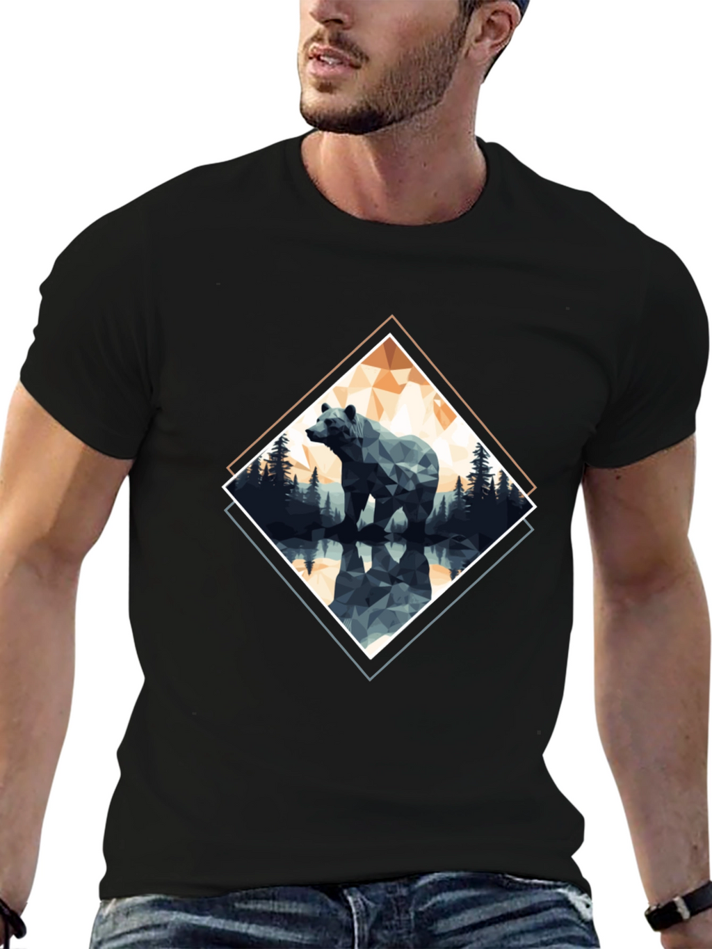 Geometric Bear Graphic T-Shirt - Black