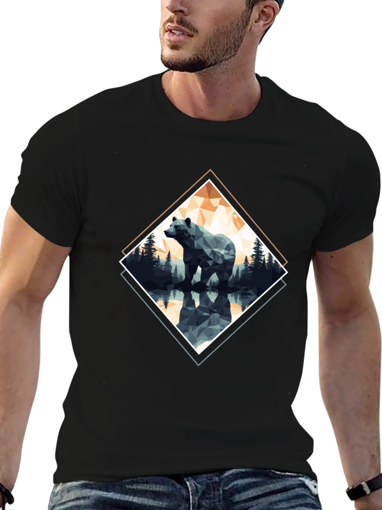 Geometric Bear Graphic T-Shirt - Black