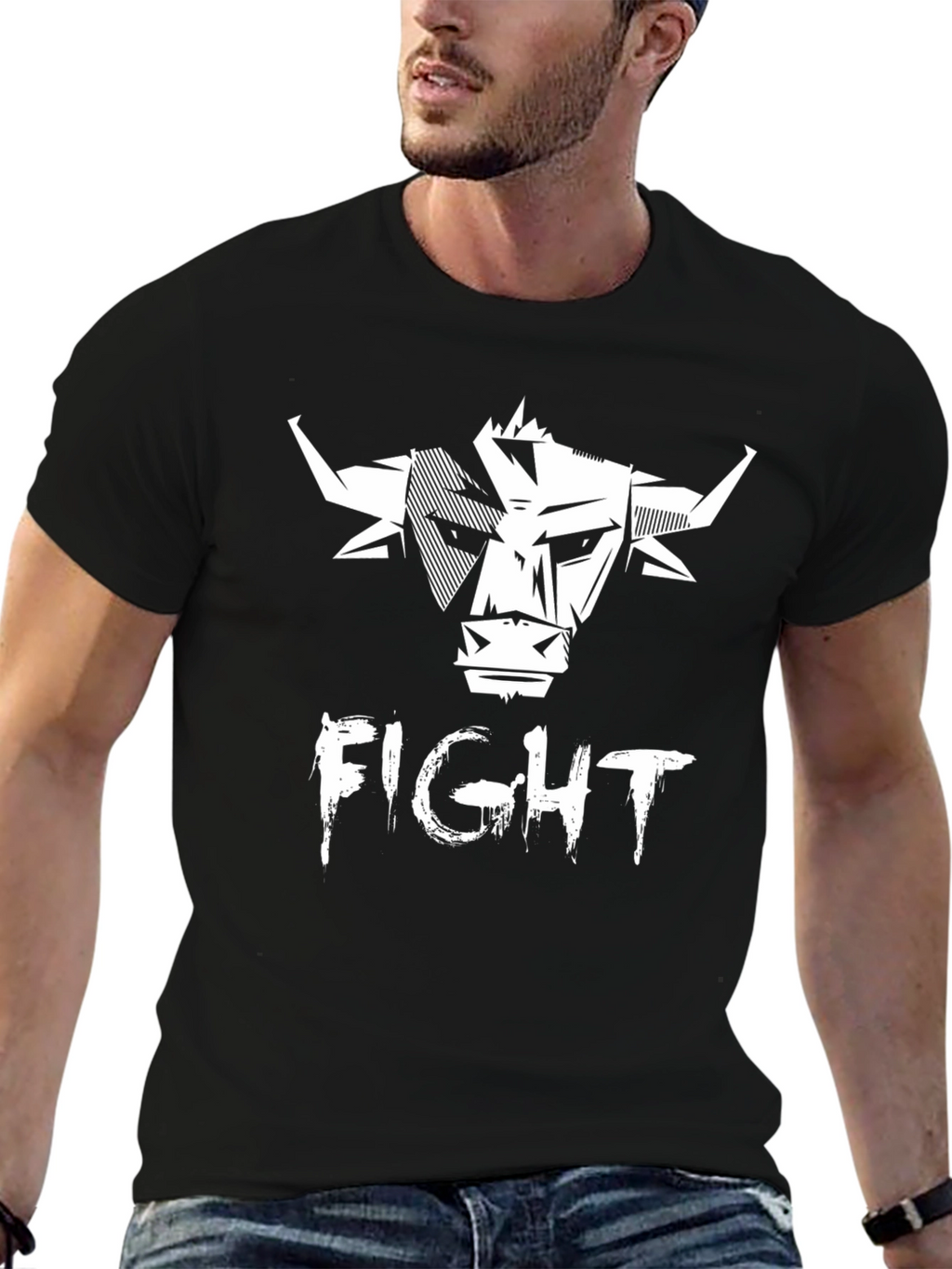 Fight Bull Graphic Print Tee - Black