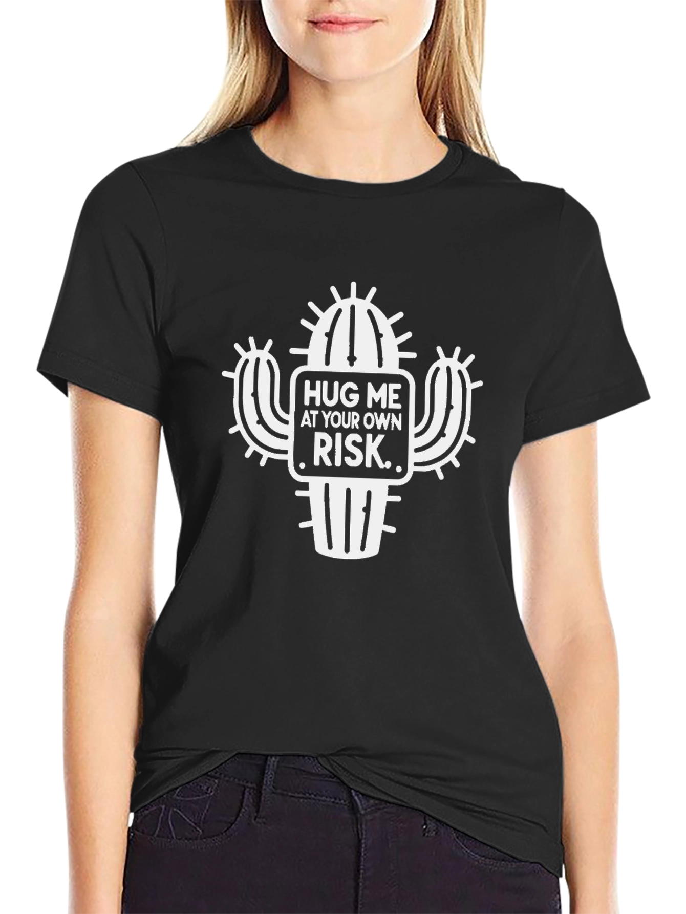 Hug Me At Your Own Risk Cactus Black T-Shirt