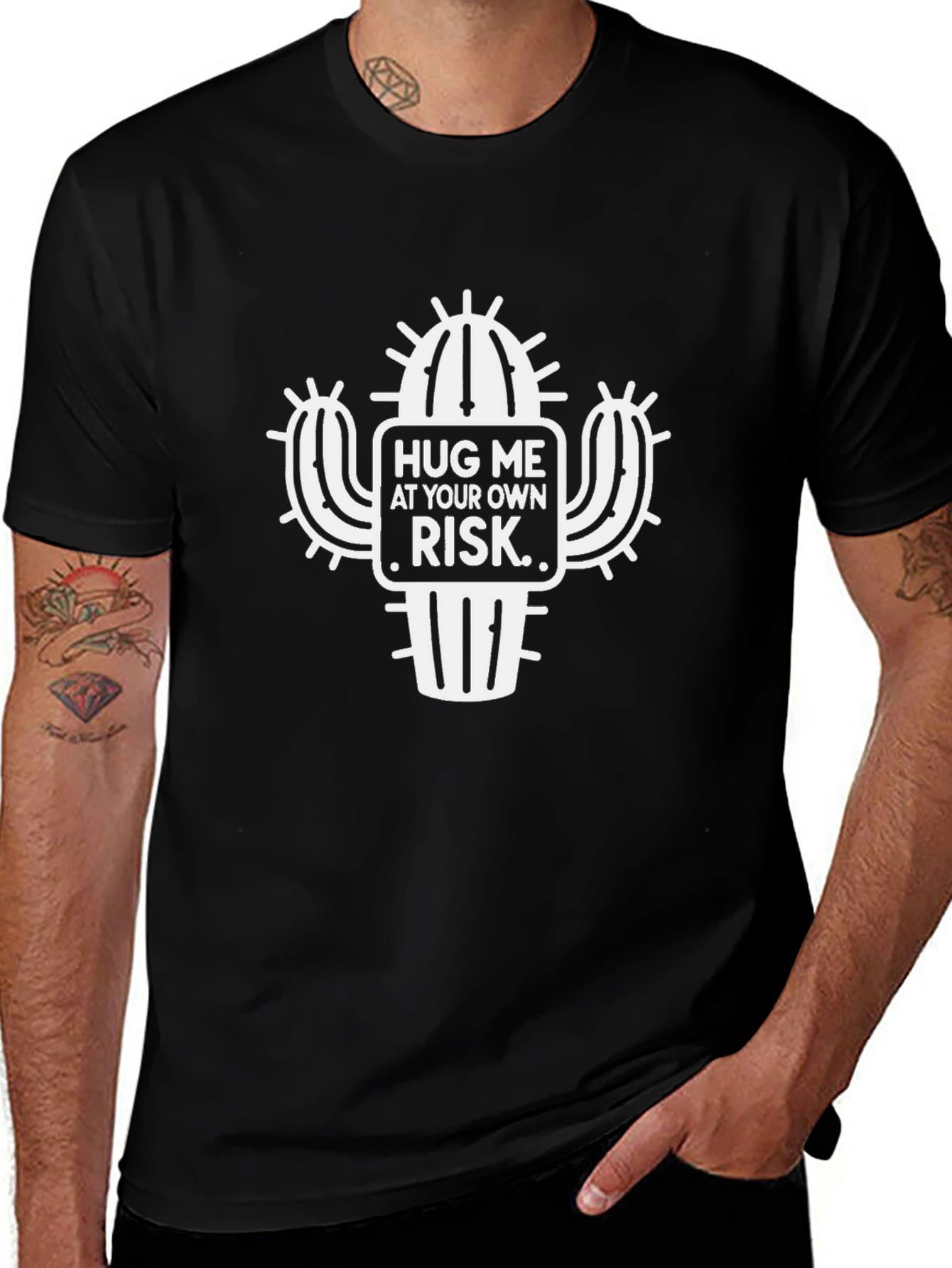 Hug Me At Your Own Risk Cactus Black T-Shirt