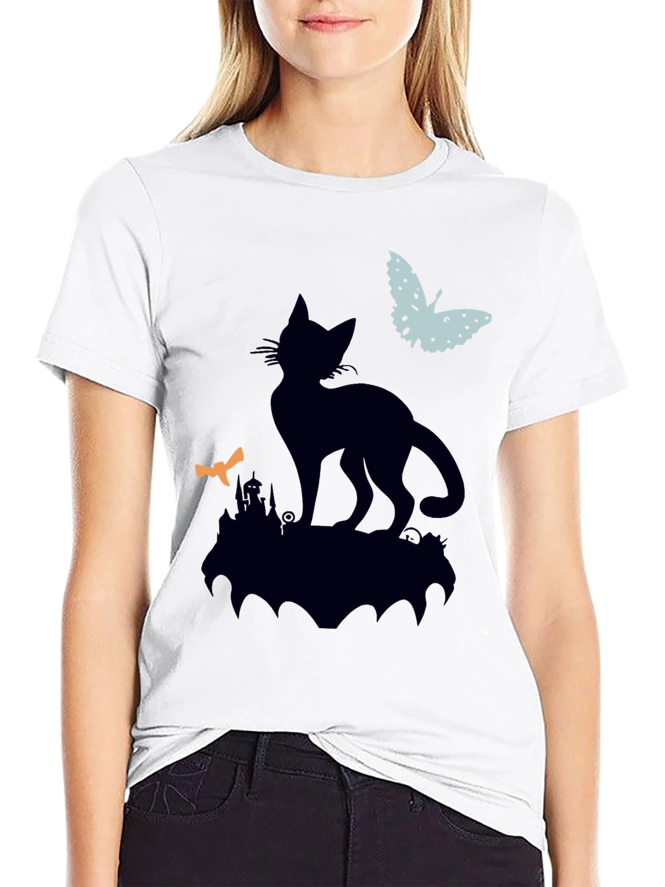 Black Cat Silhouette T-Shirt - Halloween Style