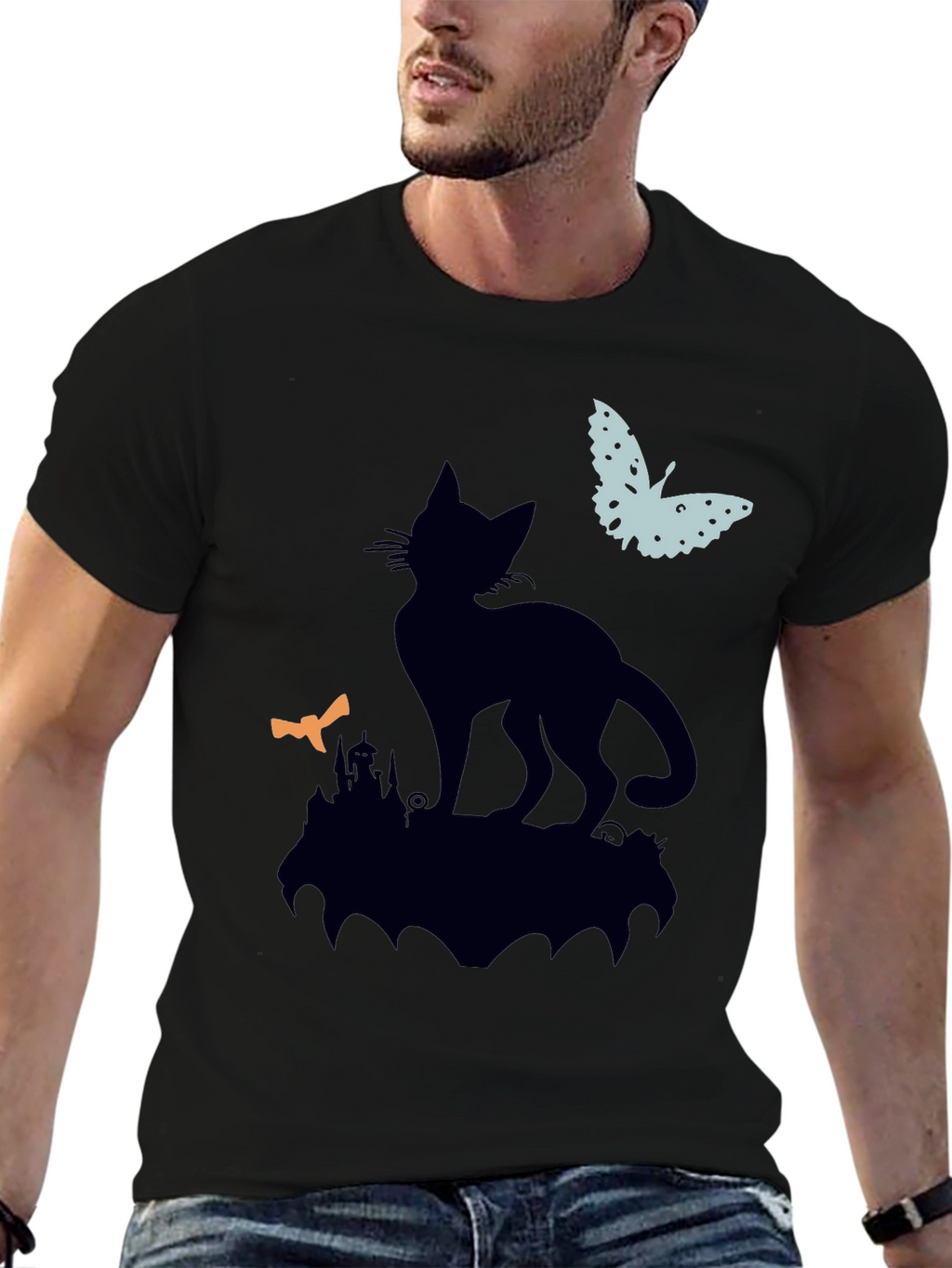 Black Cat Silhouette T-Shirt - Halloween Style
