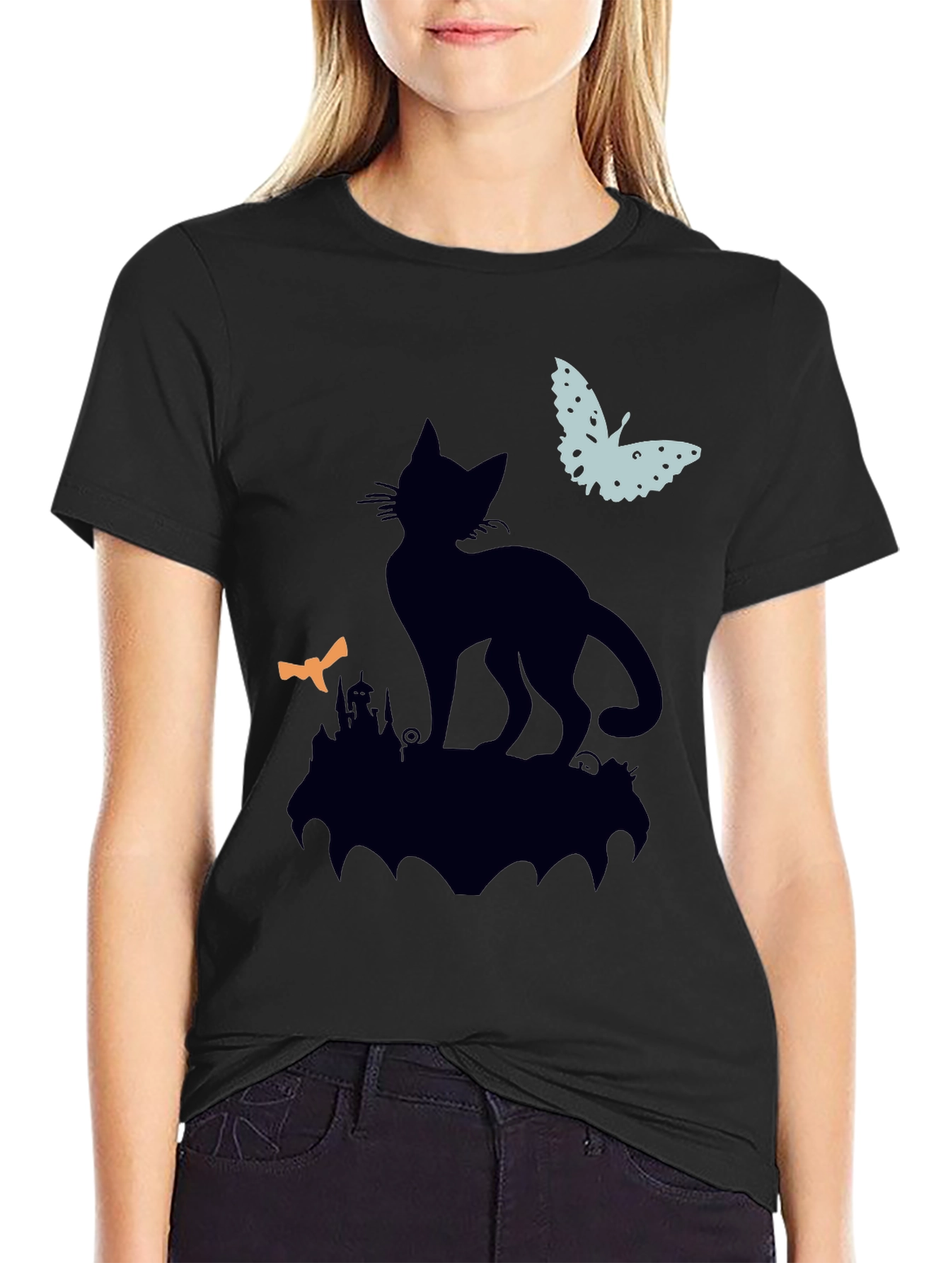 Black Cat Silhouette T-Shirt - Halloween Style
