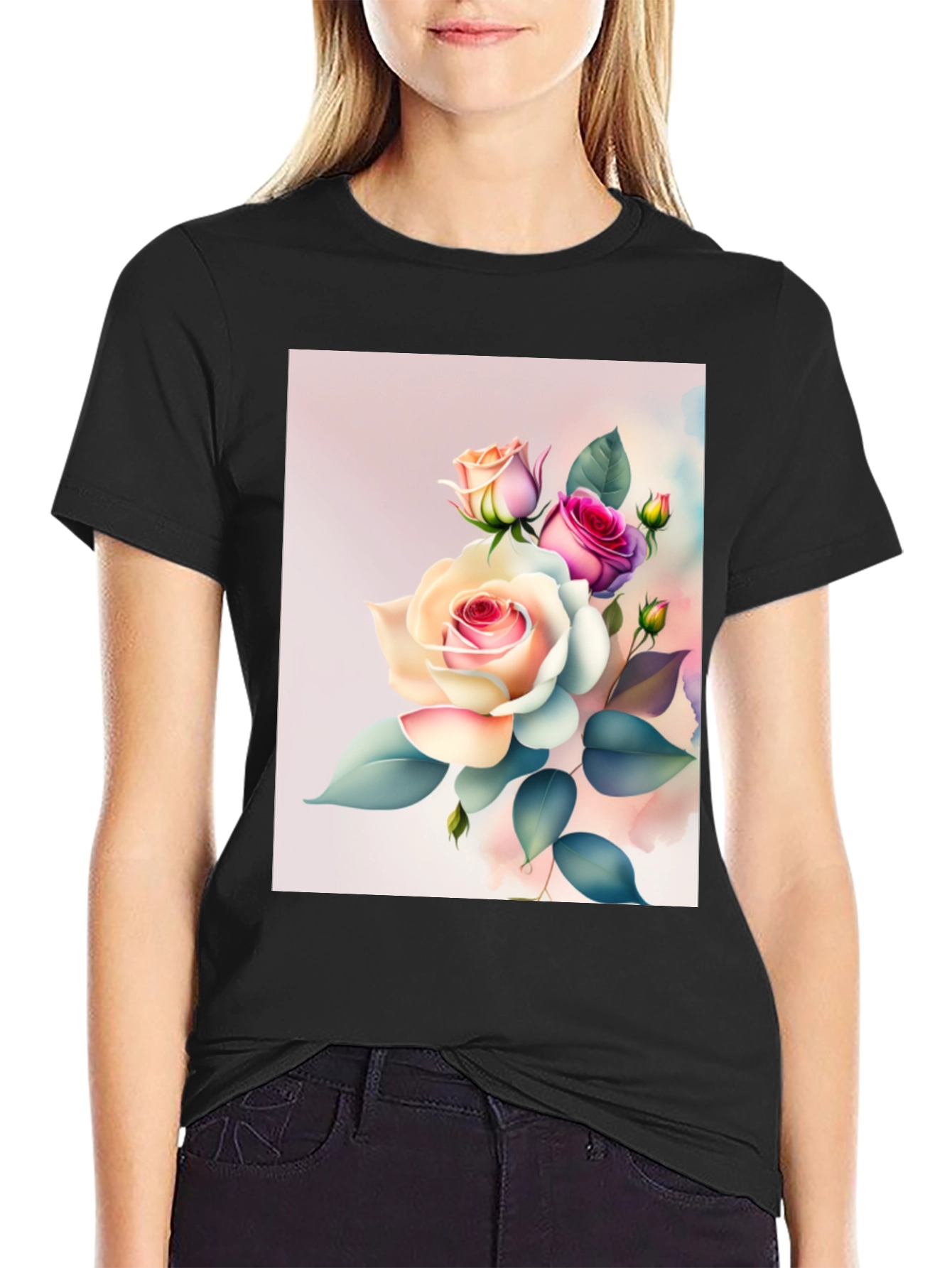 Floral Rose Graphic Black T-Shirt