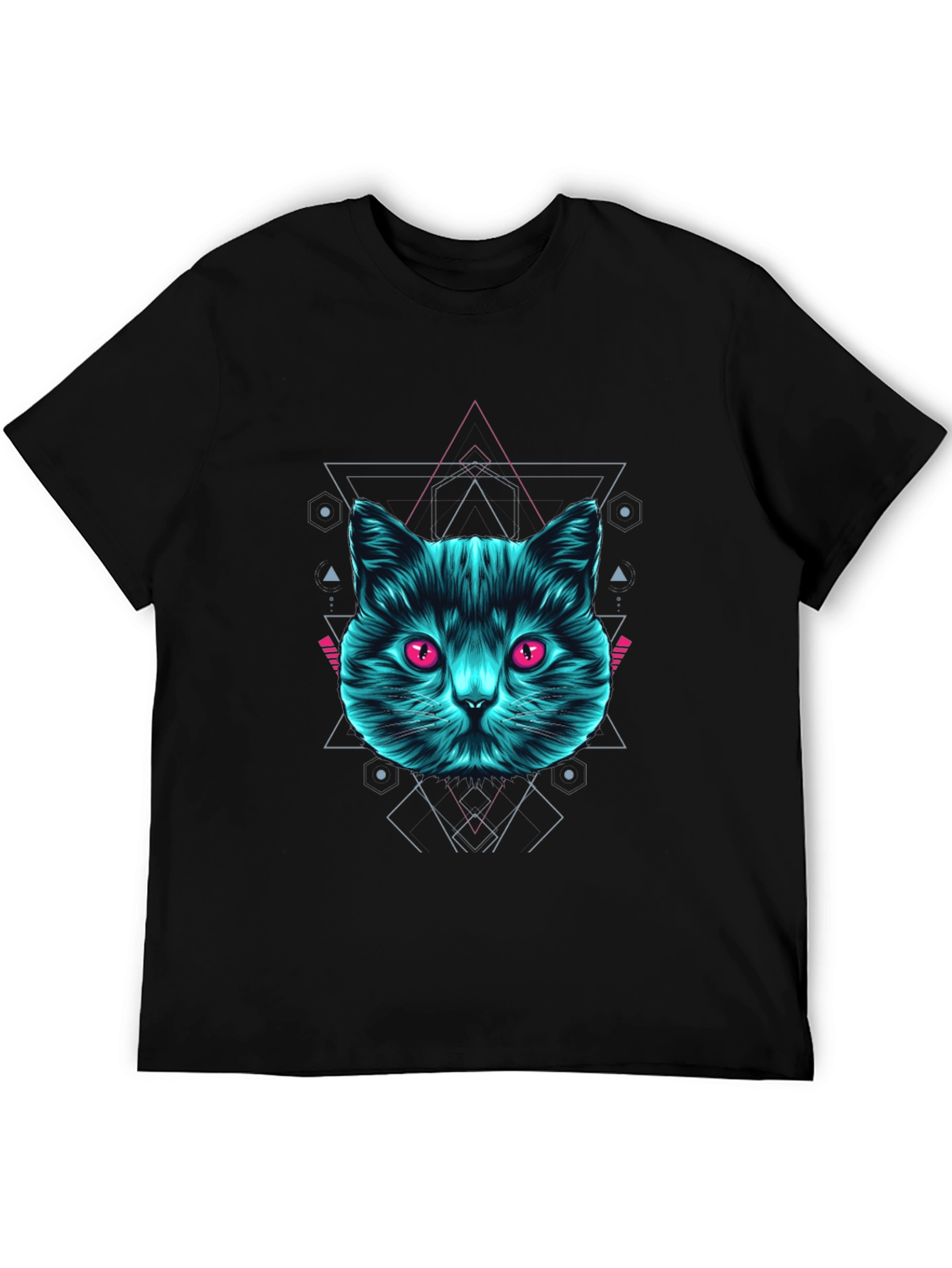 Geometric Cat Graphic Tee - Trendy Black T-Shirt