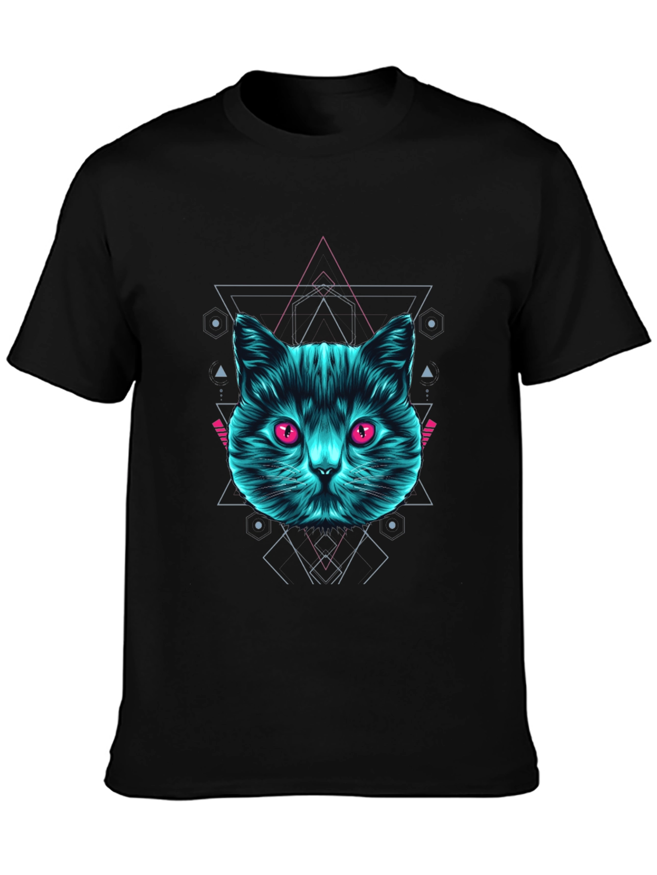 Geometric Cat Graphic Tee - Trendy Black T-Shirt